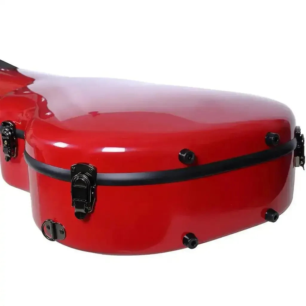 Crossrock CRF2021DRD red fiberglass dreadnought acoustic guitar case with black latches and feet.