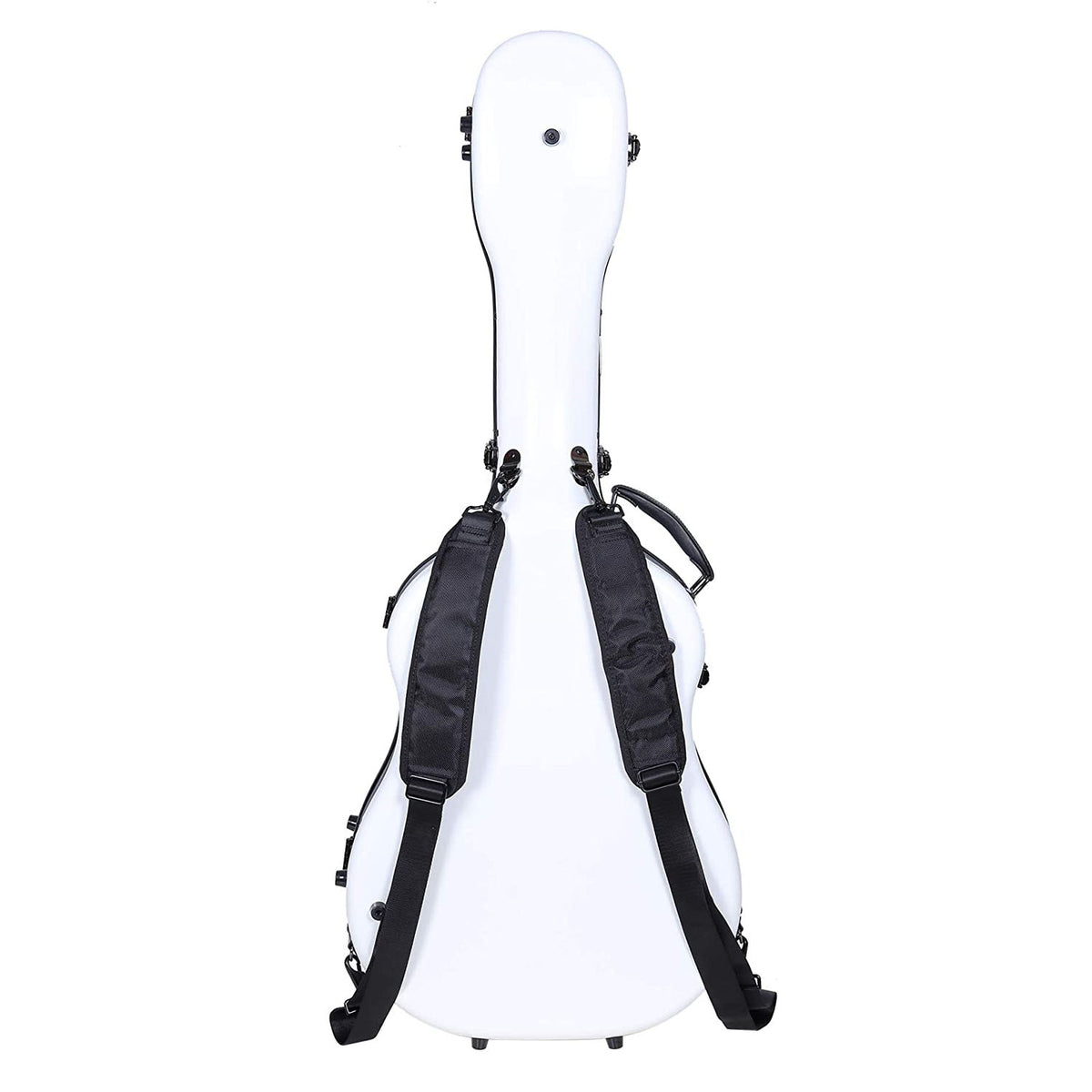 Back of the Crossrock CRF2021DWT white dreadnought case showing the black padded backpack straps.