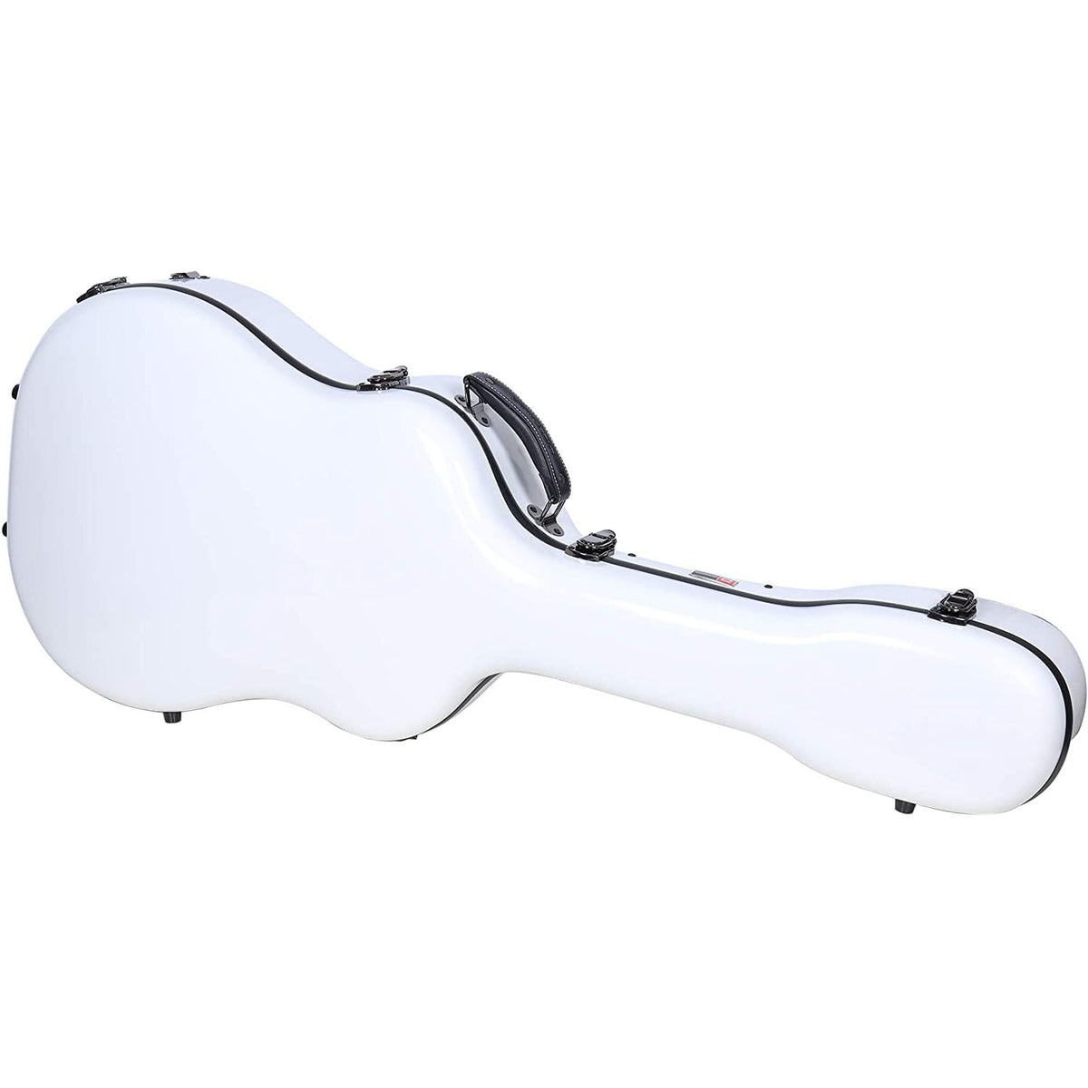 Crossrock CRF2021DWT white fiberglass dreadnought case lying closed, with handle and black trim.