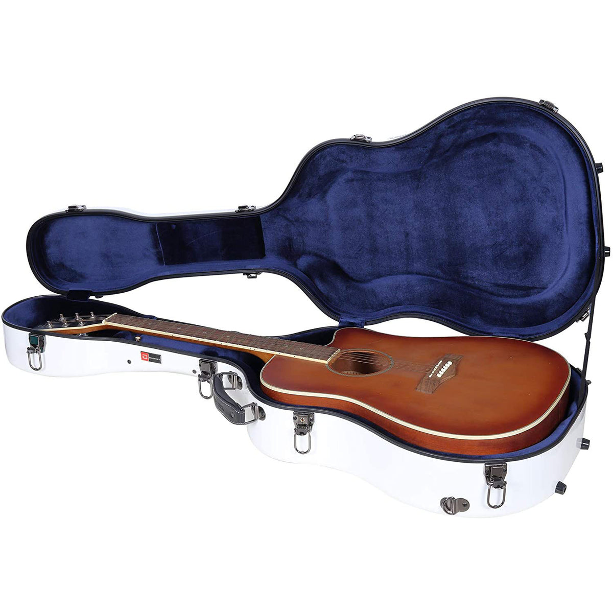 Crossrock CRF2021DWT white case open with a sunburst acoustic guitar resting in the navy-blue interior.