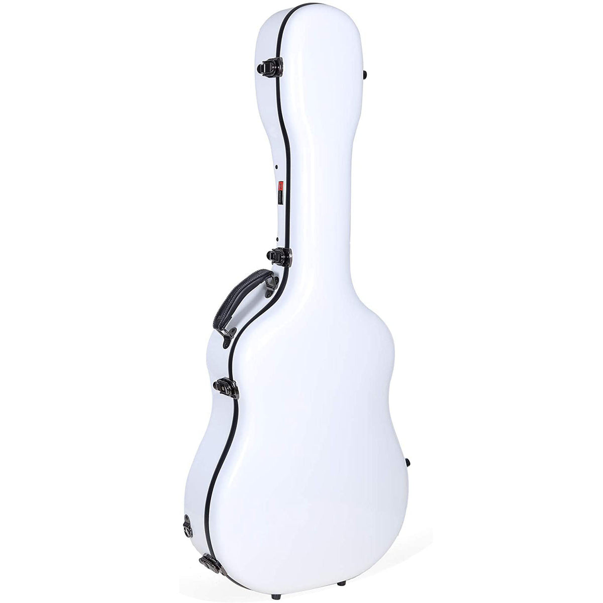 Crossrock CRF2021DWT white fiberglass dreadnought guitar case standing upright, with black trim, latches, and handle.