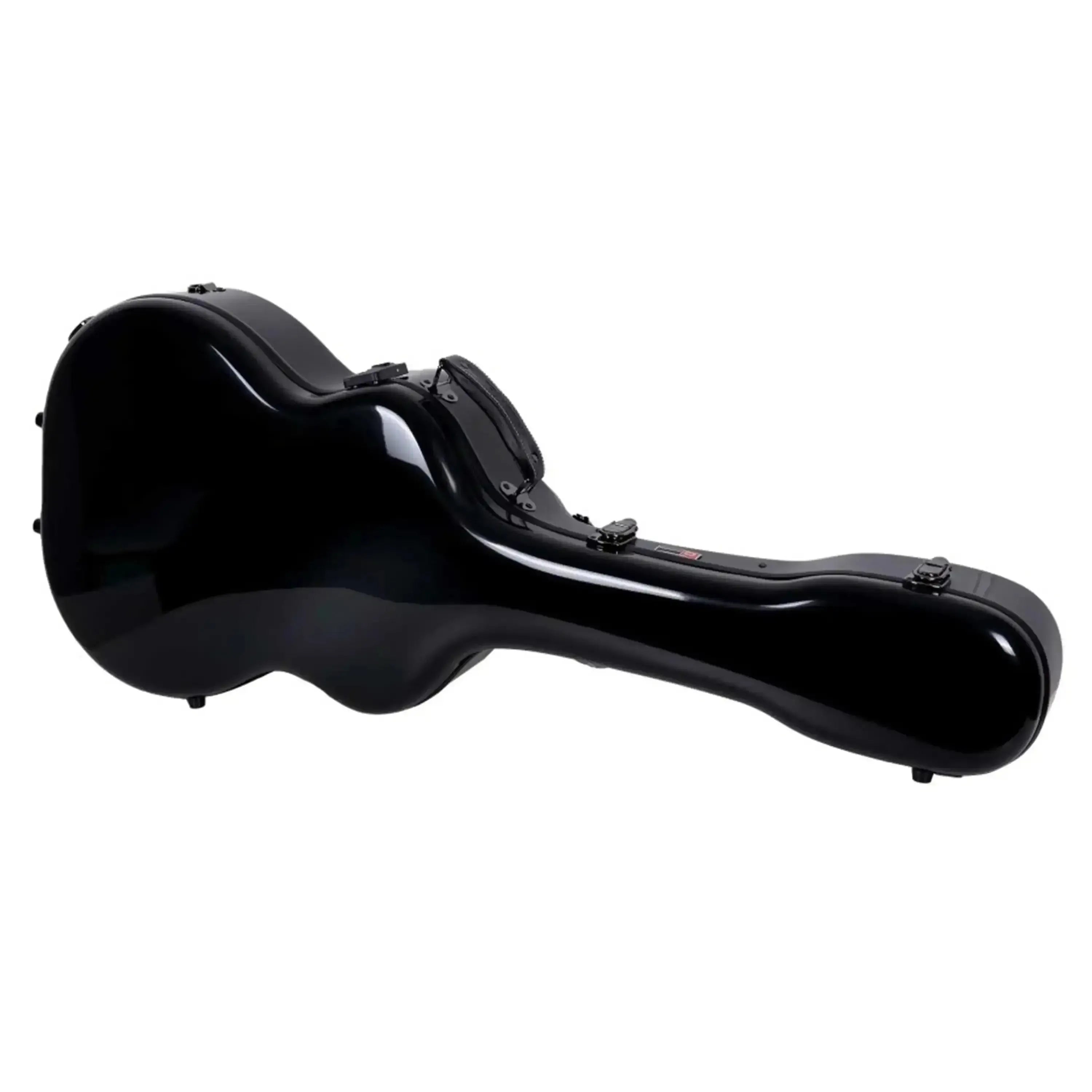 Crossrock black fiberglass acoustic guitar case for Martin OM/000 models, featuring a glossy finish and sturdy latches.