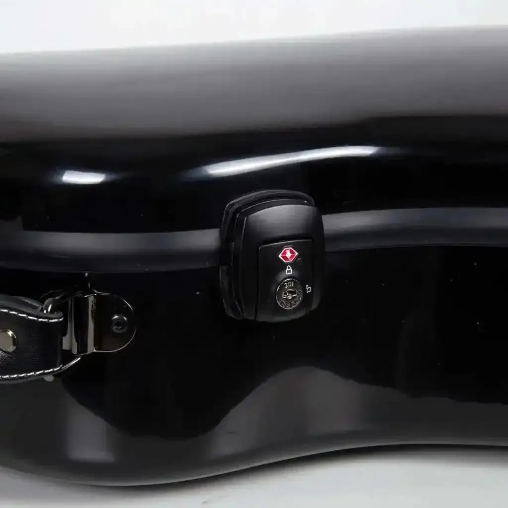 Crossrock black fiberglass acoustic guitar case with a TSA lock and white-stitched handle.