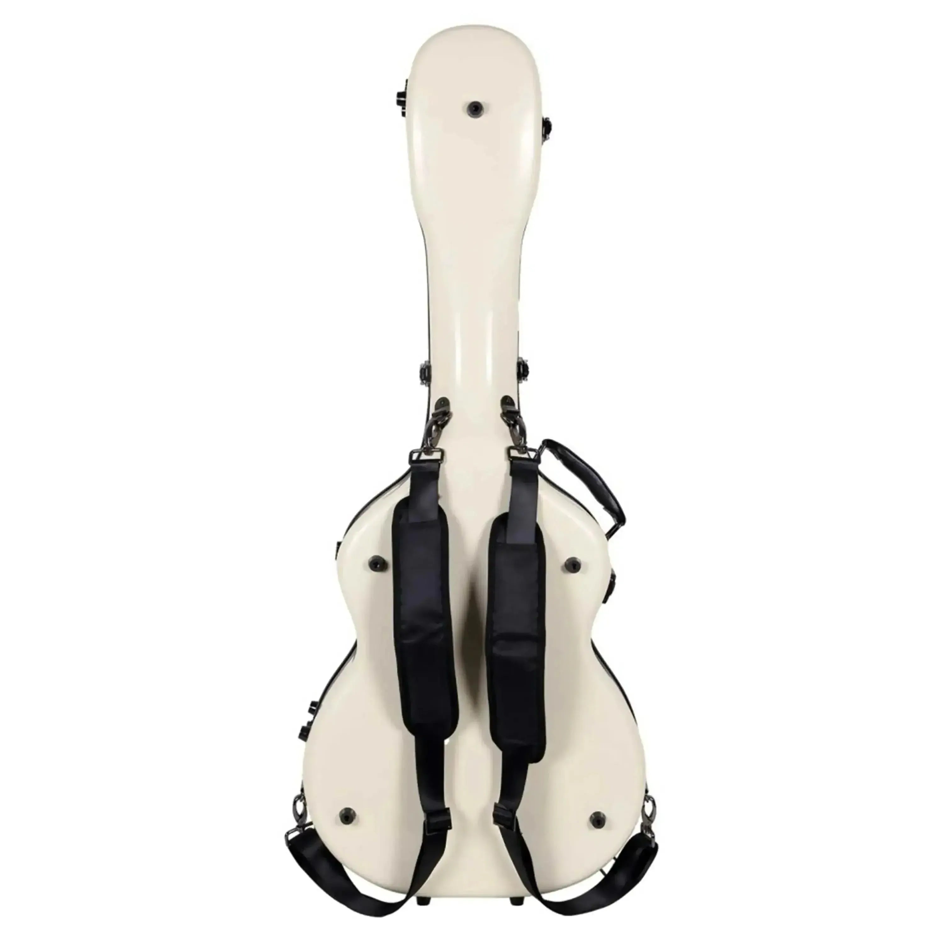 Crossrock ivory fiberglass acoustic guitar case for Martin OM/000 models, with black backpack straps.