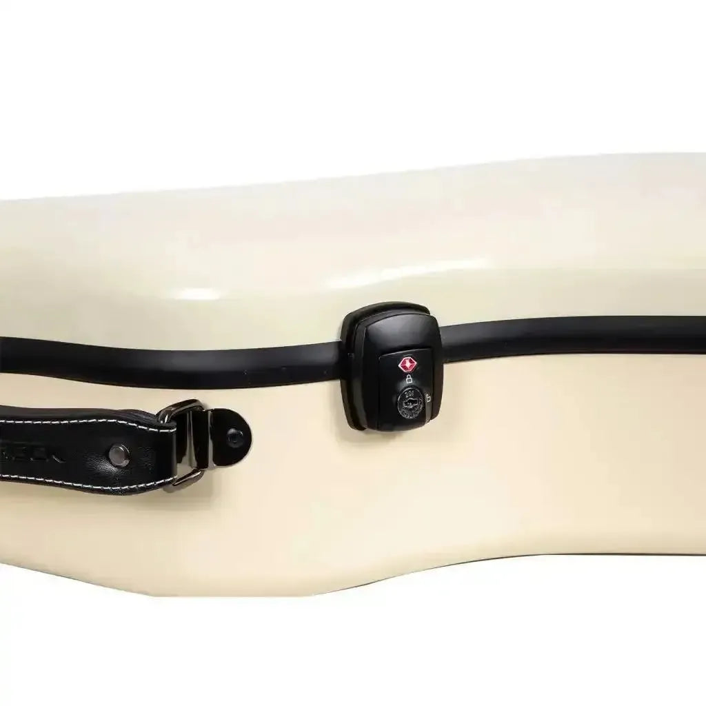 Crossrock ivory fiberglass acoustic guitar case with black trim, handle, and TSA lock.