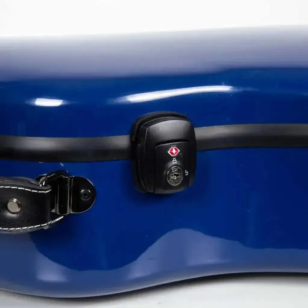 Crossrock navy blue fiberglass acoustic guitar case with a black TSA lock and handle detail.