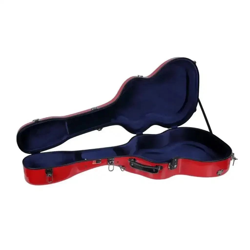 Crossrock red fiberglass acoustic guitar case for Martin OM/000 models, open with blue interior.