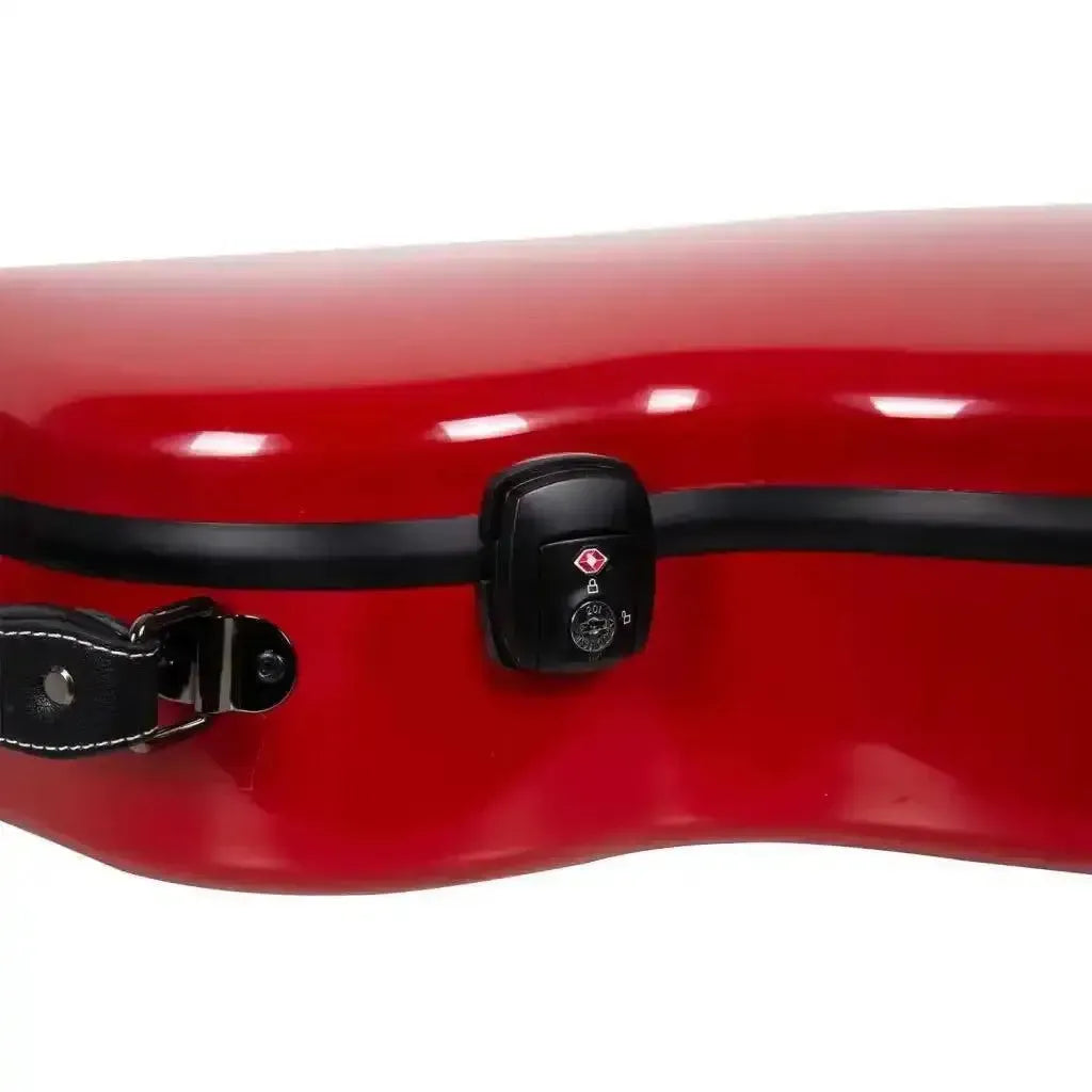 Crossrock red fiberglass acoustic guitar case for Martin OM/000 with black TSA lock and handle.