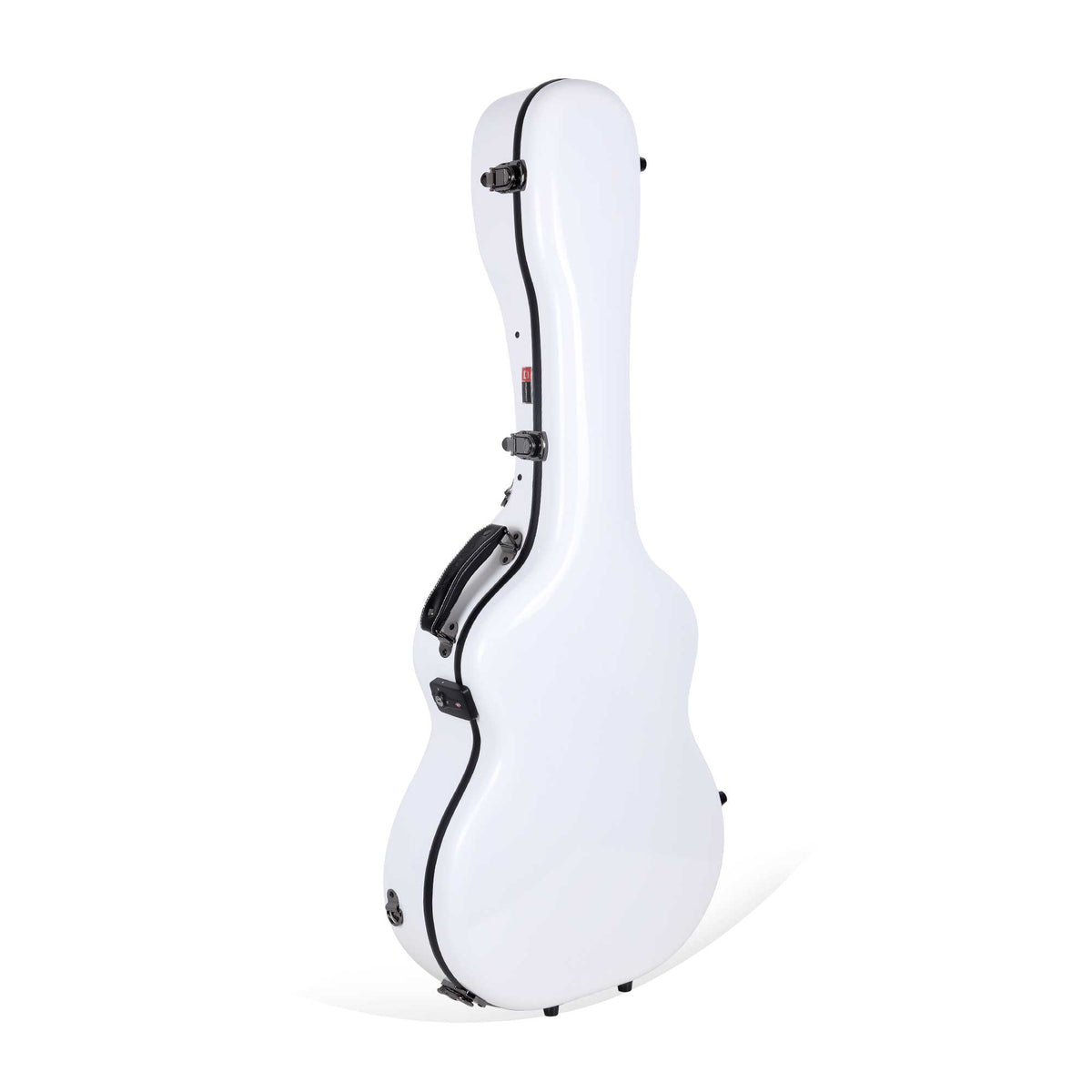 Crossrock CRF2021OMWT white fiberglass OM/000 guitar case standing upright, with black trim, latches, and leather handle.