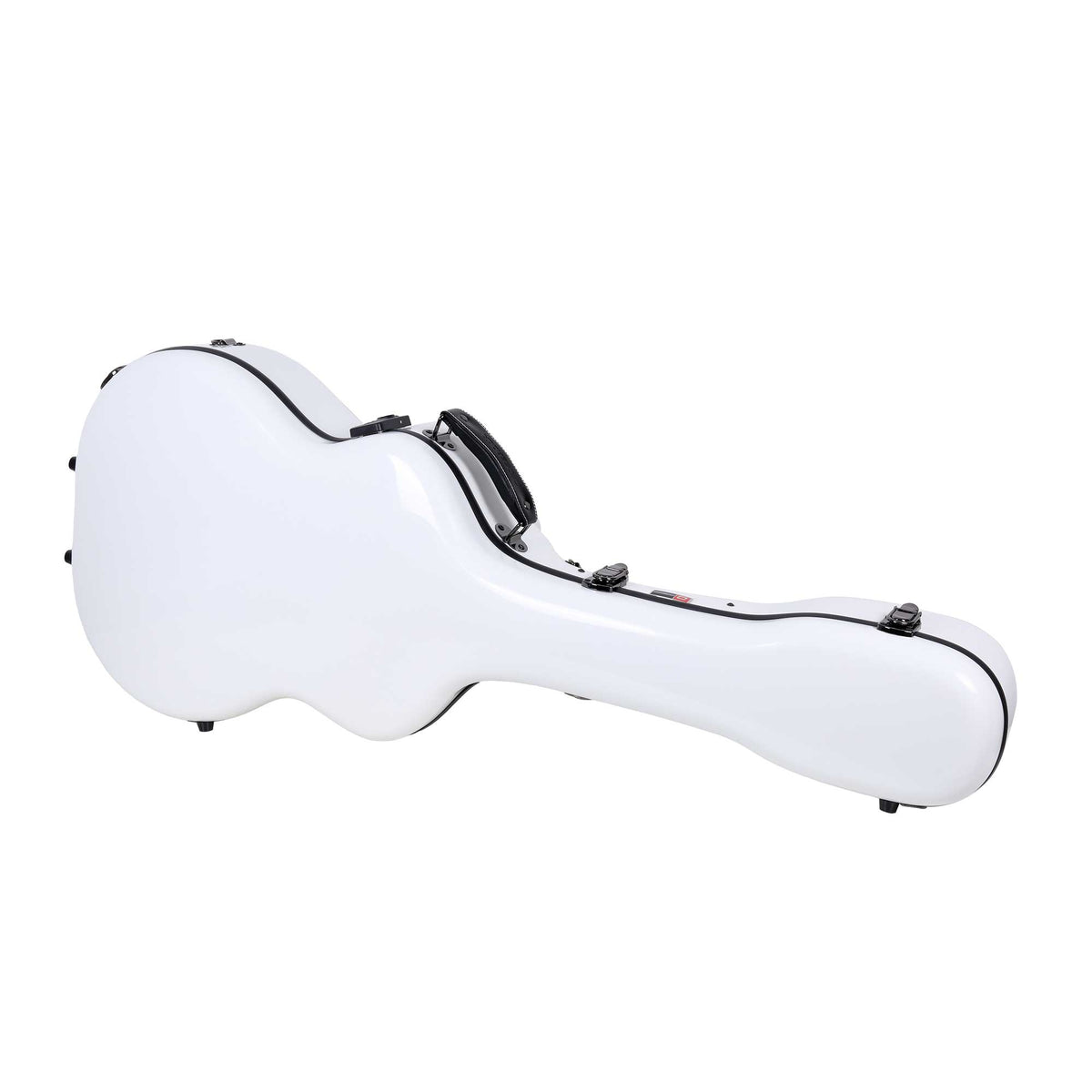 Crossrock CRF2021OMWT white fiberglass OM/000 guitar case lying flat, closed, with TSA lock and handle.