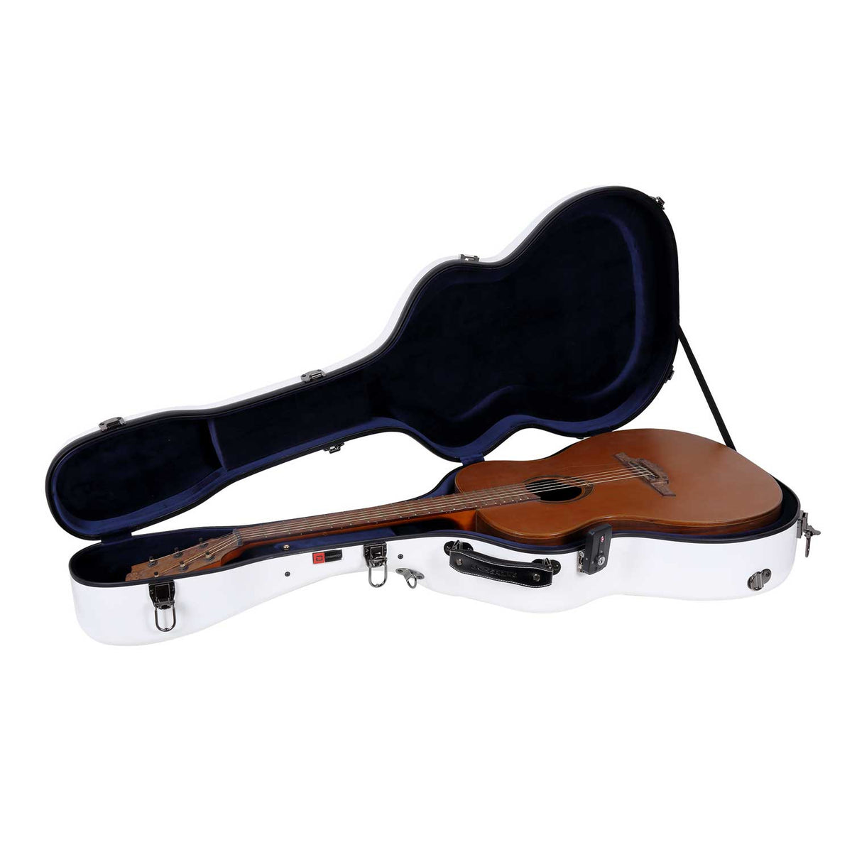Crossrock CRF2021OMWT white fiberglass case open with an acoustic guitar resting in the navy-blue interior.