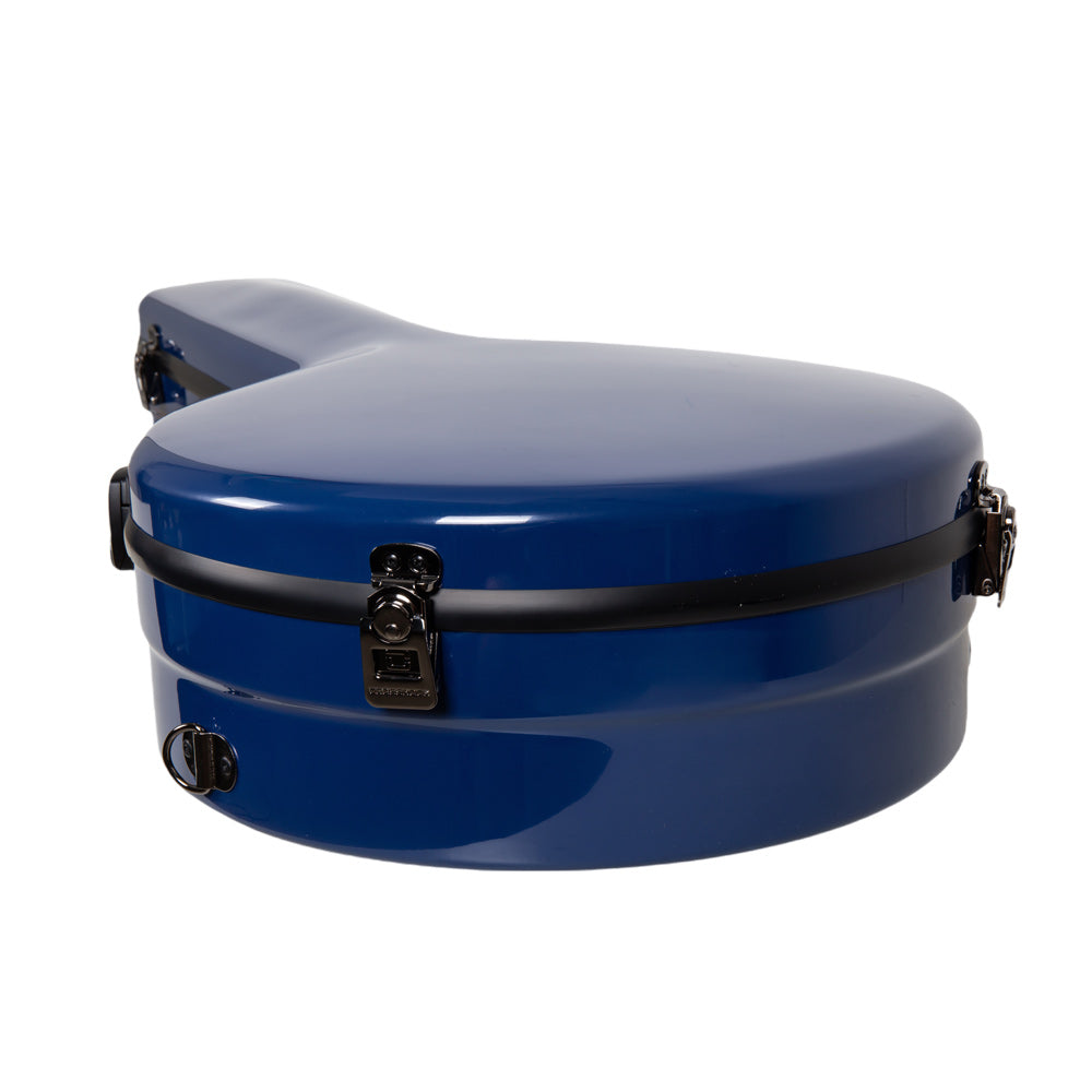 Close-up of the round body end of the Crossrock CRF2023TBJNVBL navy blue case with black latches.