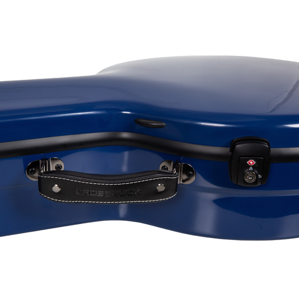Close-up of the leather Crossrock handle and alloy TSA lock on the CRF2023TBJNVBL navy blue case.