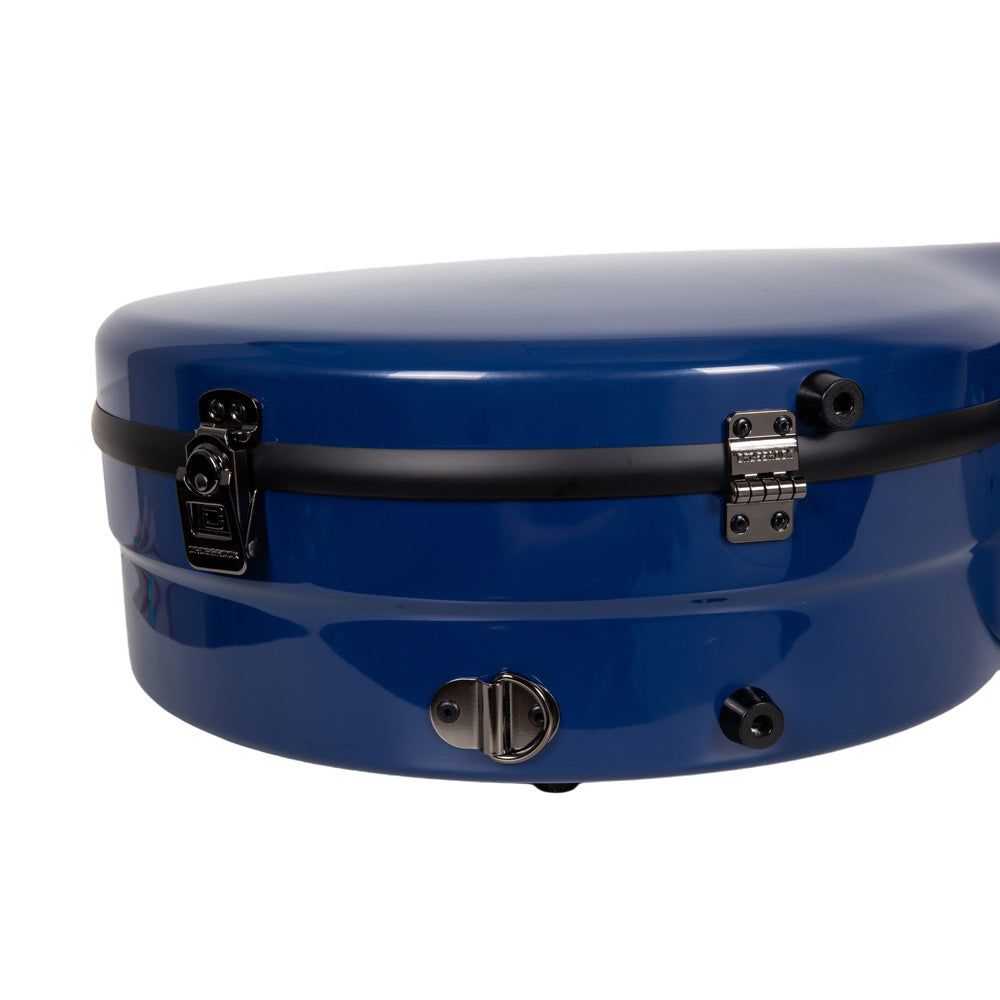 Close-up of a latch, hinge, and strap ring on the Crossrock CRF2023TBJNVBL navy blue fiberglass shell.