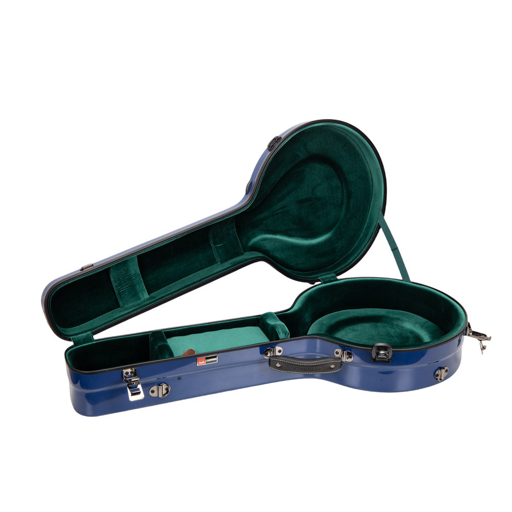 Crossrock CRF2023TBJNVBL navy blue banjo case open, showing the green plush suspension interior.