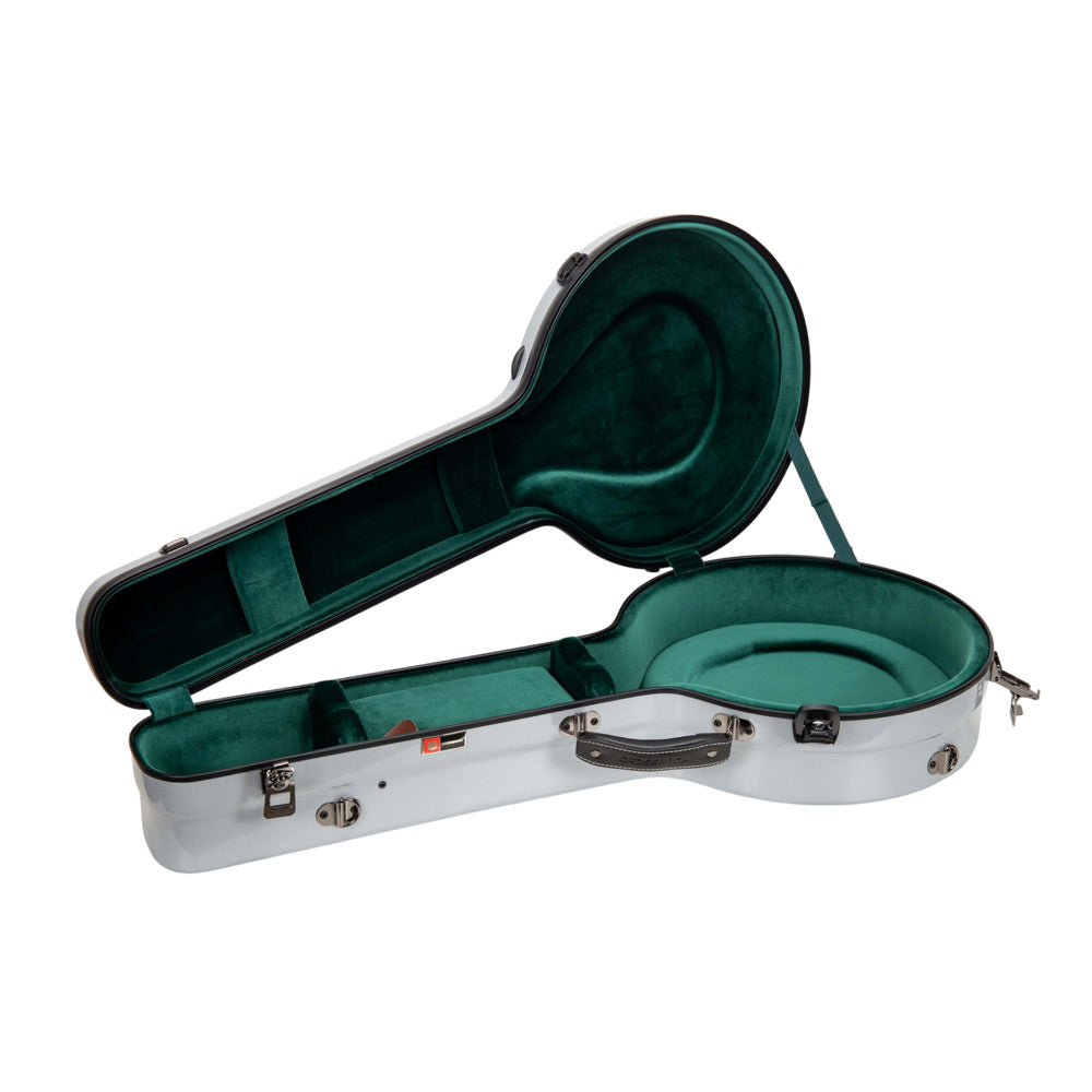 Crossrock CRF2023TBJSL silver banjo case open, showing the green plush suspension interior.