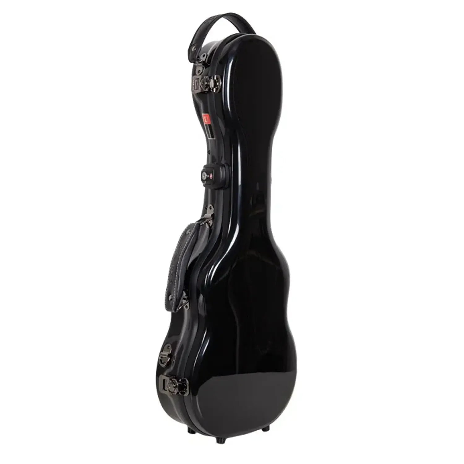 Crossrock CRF2030CU black glossy fiberglass concert ukulele case with leather handle and latches.