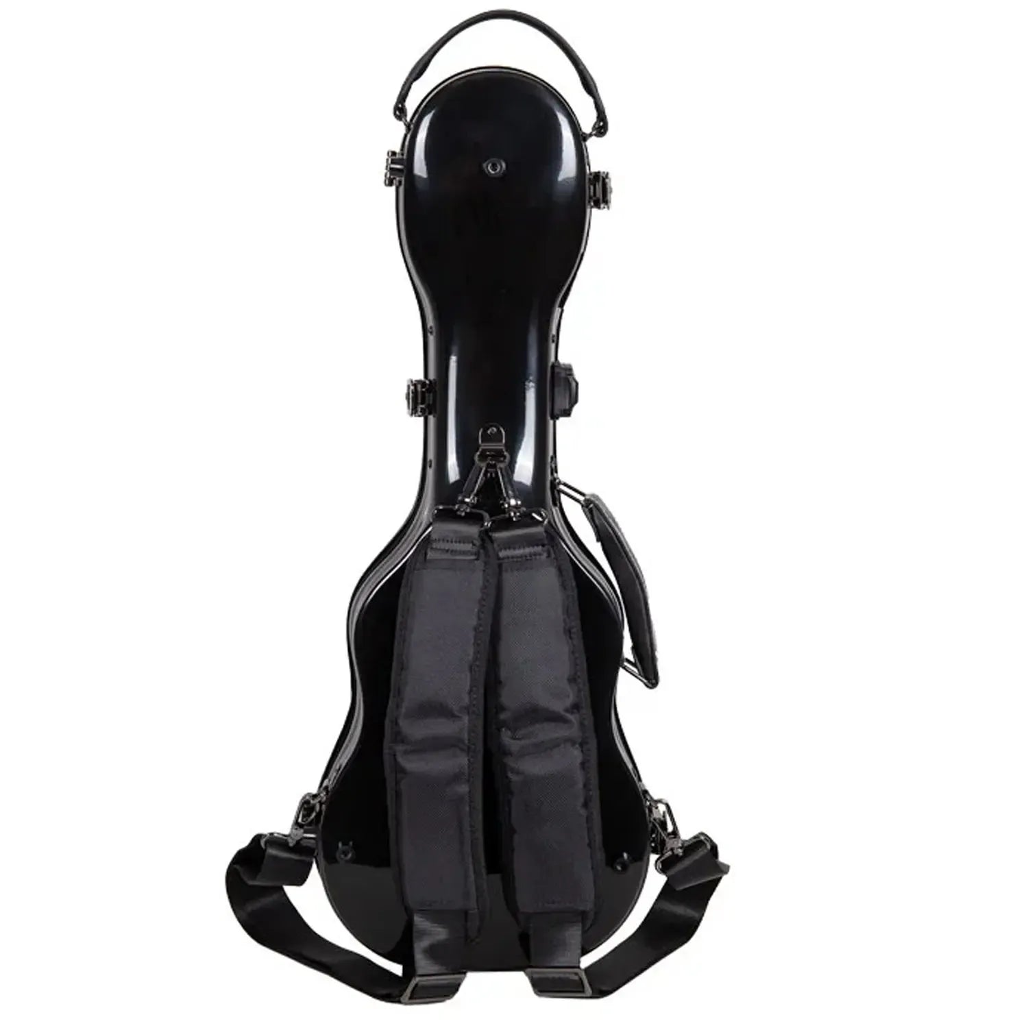 Crossrock CRF2030CU black glossy fiberglass concert ukulele case with backpack straps.