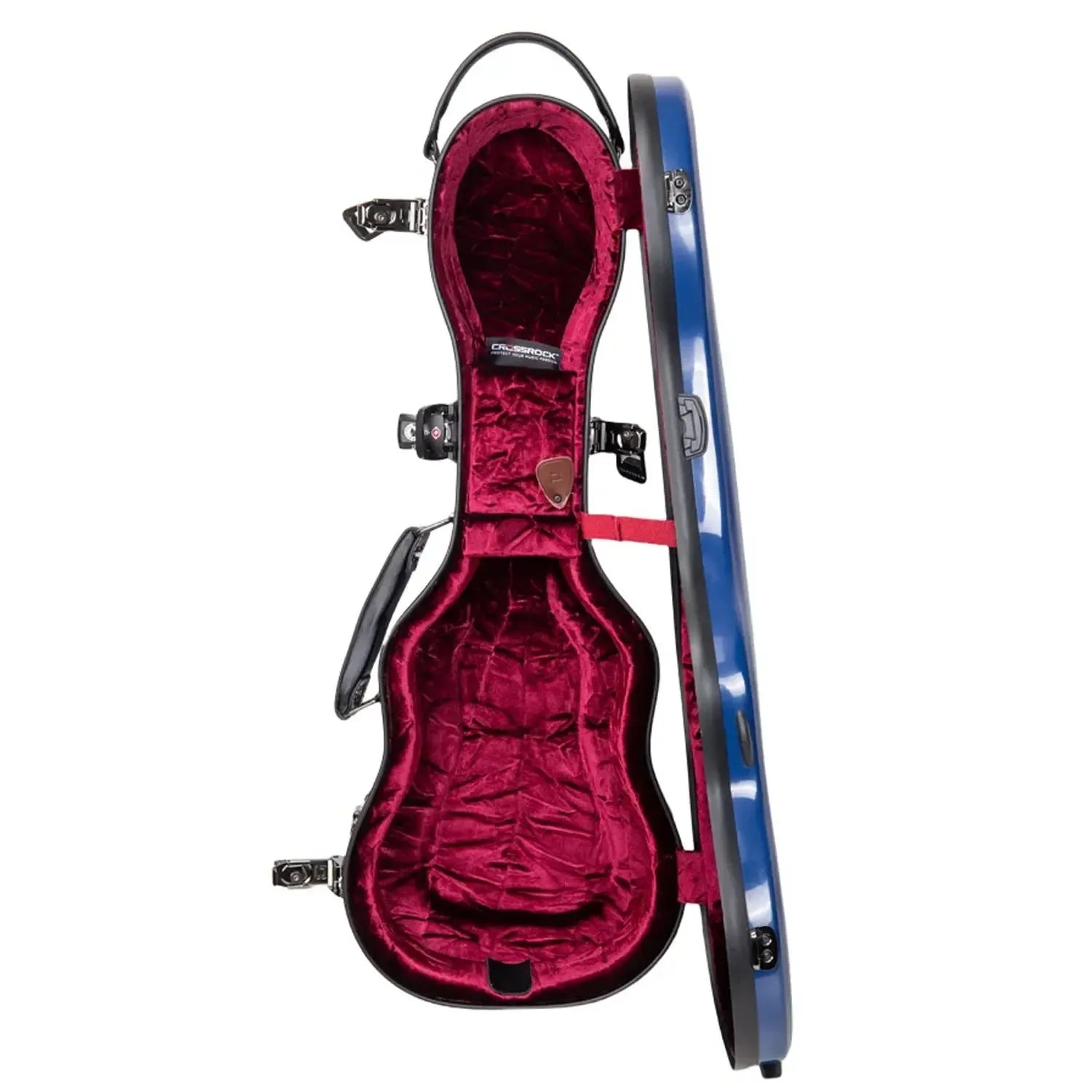 Crossrock CRF2030CU blue fiberglass concert ukulele case, open with red velvet interior.