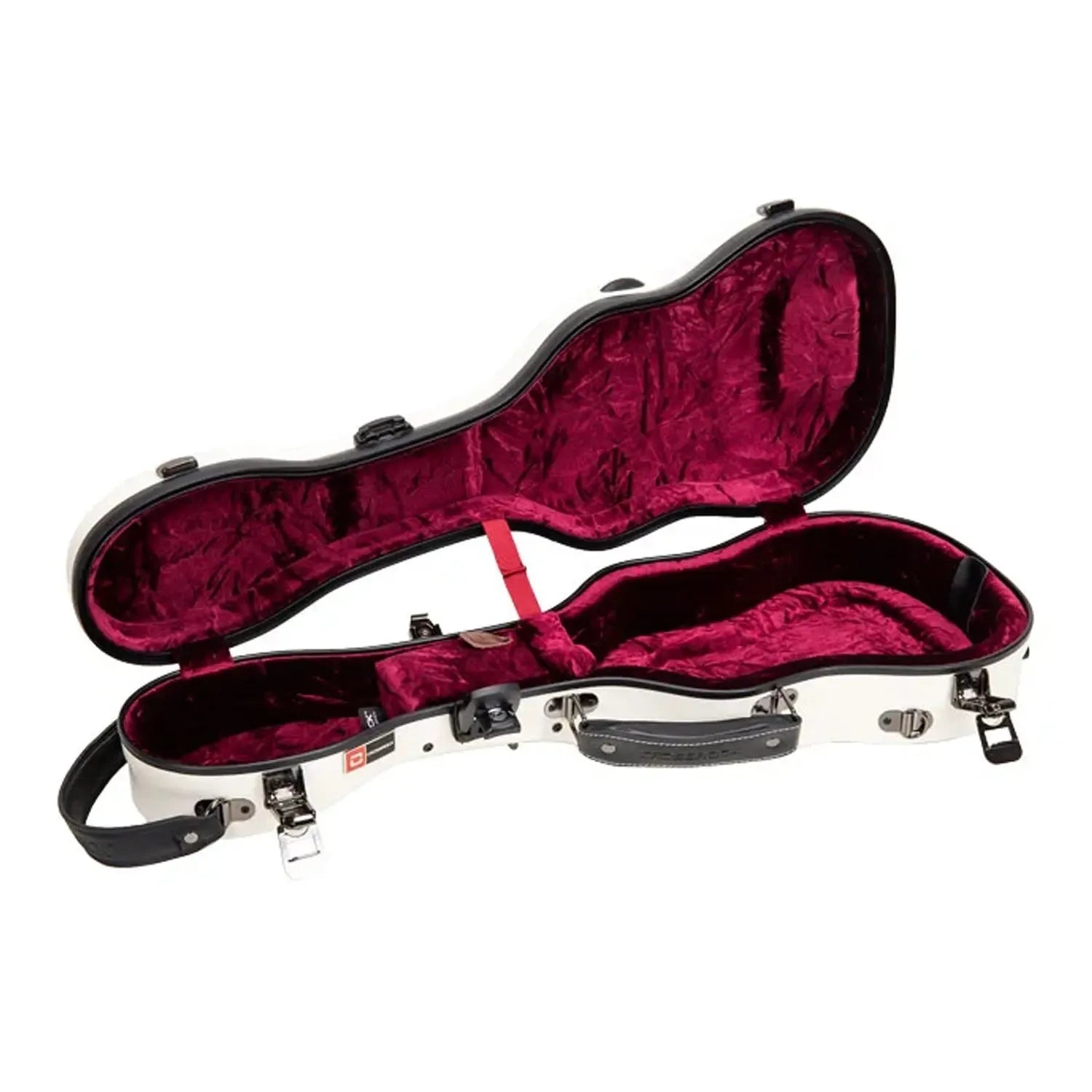 Crossrock milk-white fiberglass concert ukulele case with red velvet interior, open.