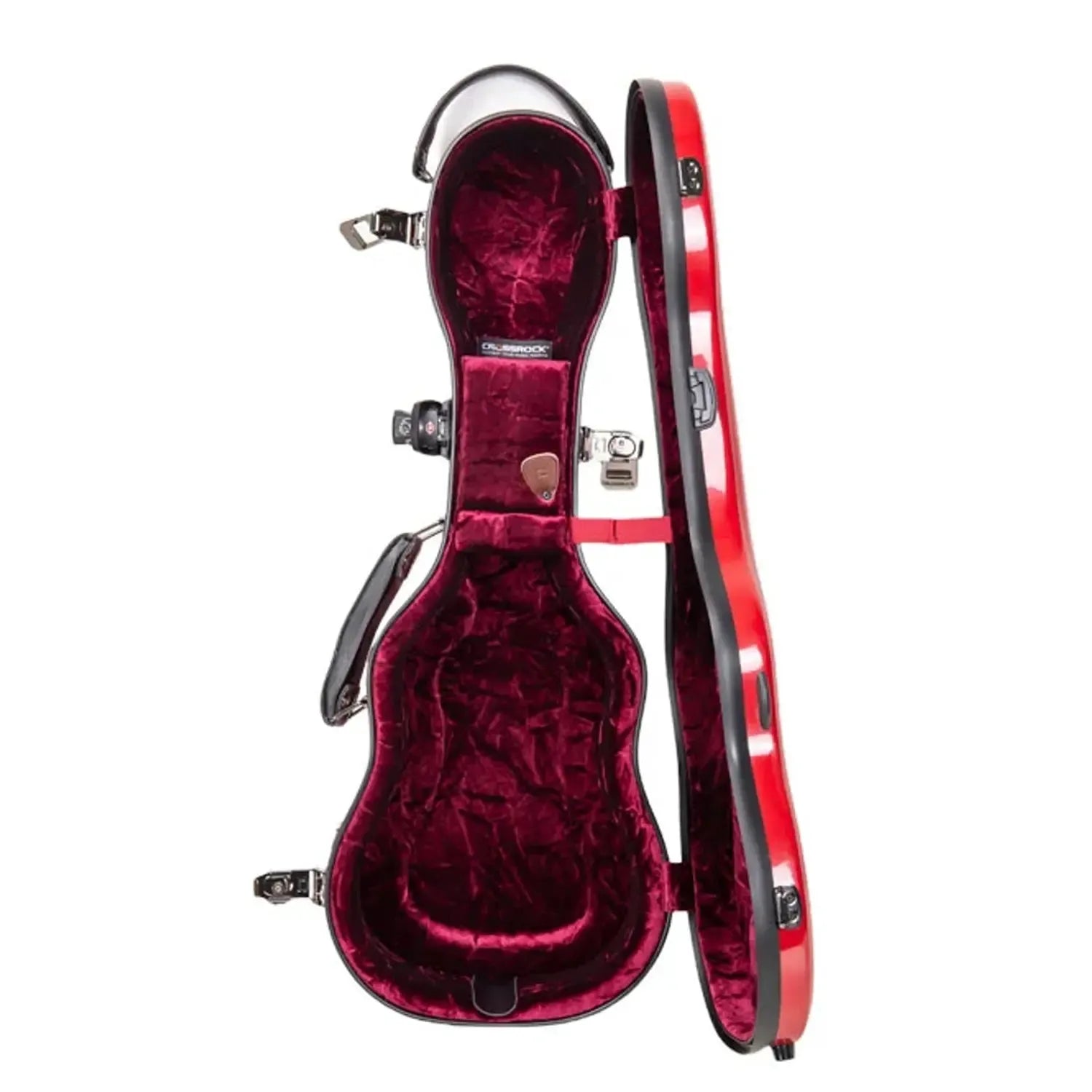 Crossrock red fiberglass concert ukulele case with plush velvet interior.