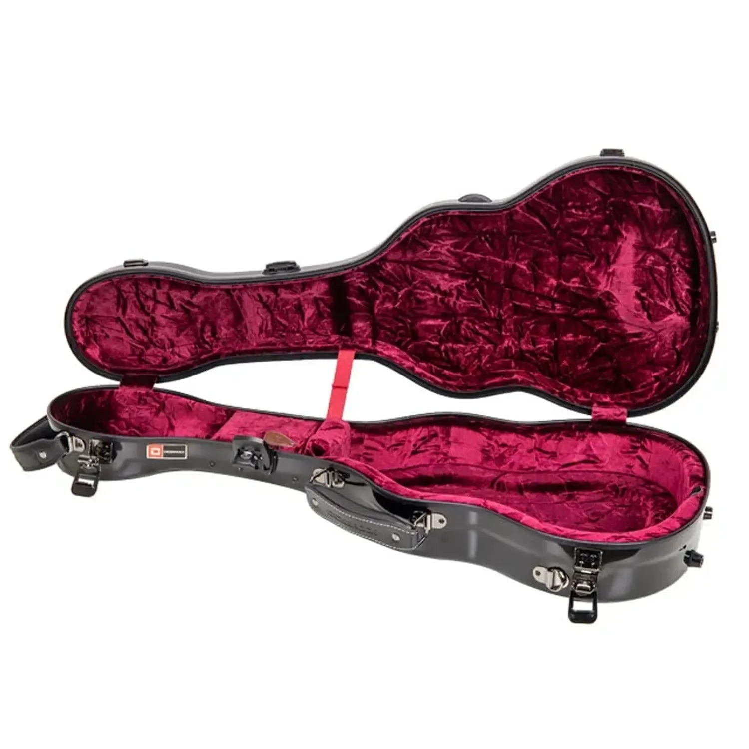 Crossrock CRF2030TU black fiberglass tenor ukulele case, open with red velvet interior and metal latches.