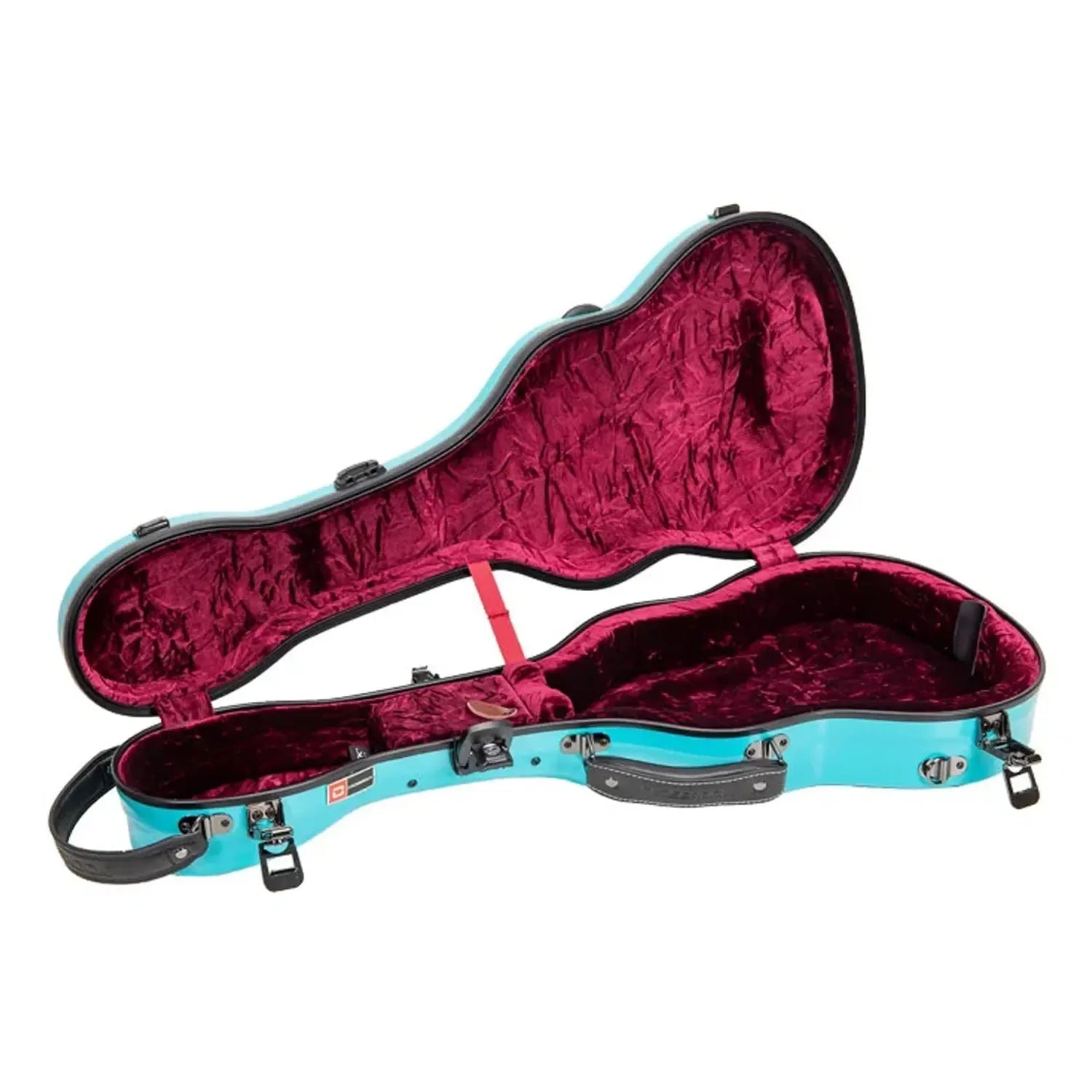 Crossrock mint-blue fiberglass tenor ukulele case, open with red velvet interior.