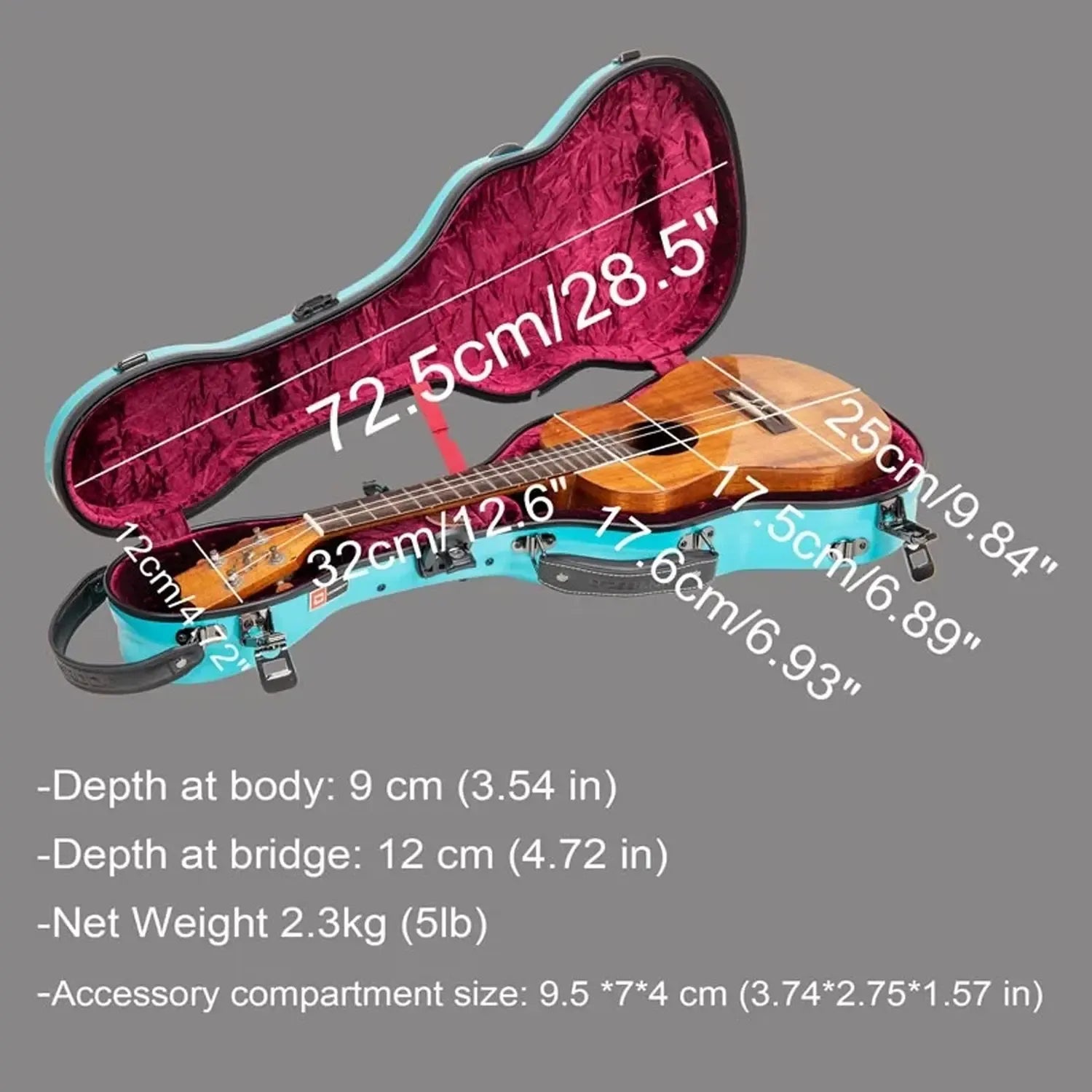 Open Crossrock CRF2030TU orange fiberglass tenor ukulele case with red lining, showing a ukulele and dimensions.