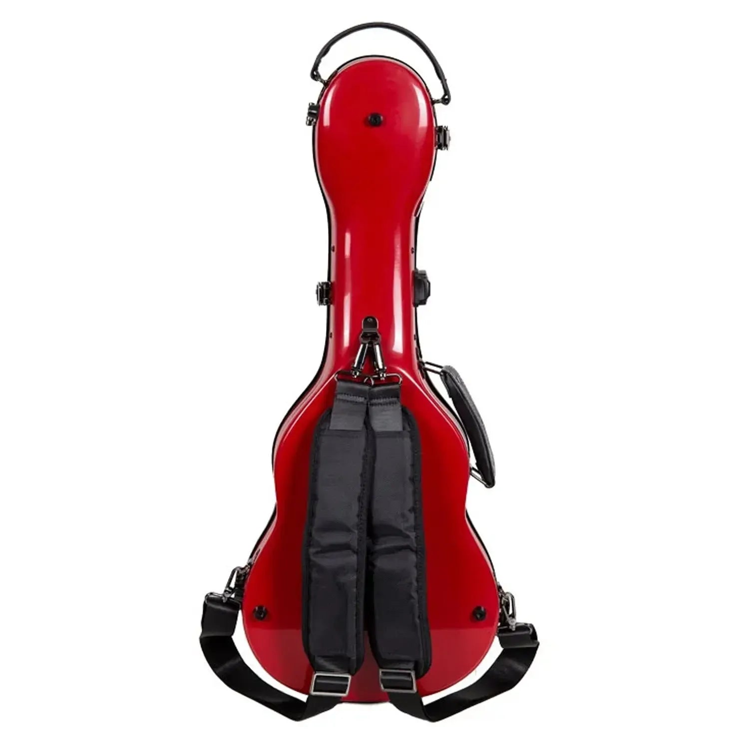 Crossrock CRF2030TU red glossy fiberglass tenor ukulele case with black backpack straps.