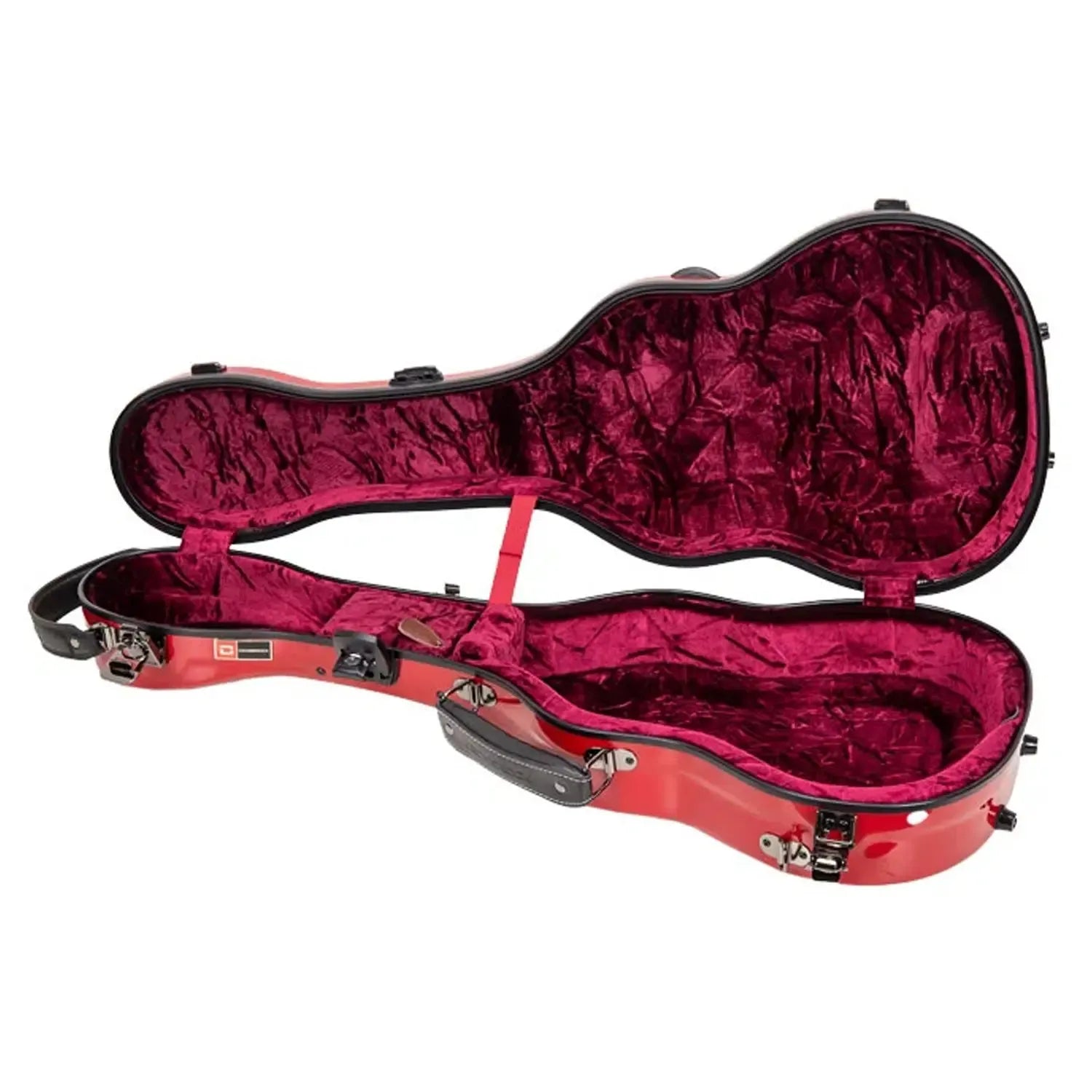 Crossrock CRF2030TU red glossy fiberglass tenor ukulele case, open with plush red interior.