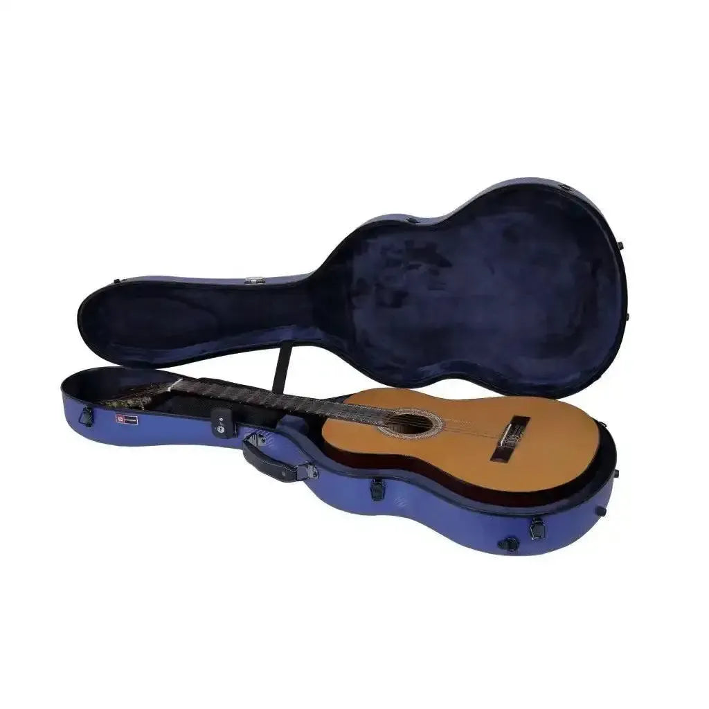 Crossrock CRF4020CBL blue poly carbonate 4/4 classical guitar case with a classical guitar inside.