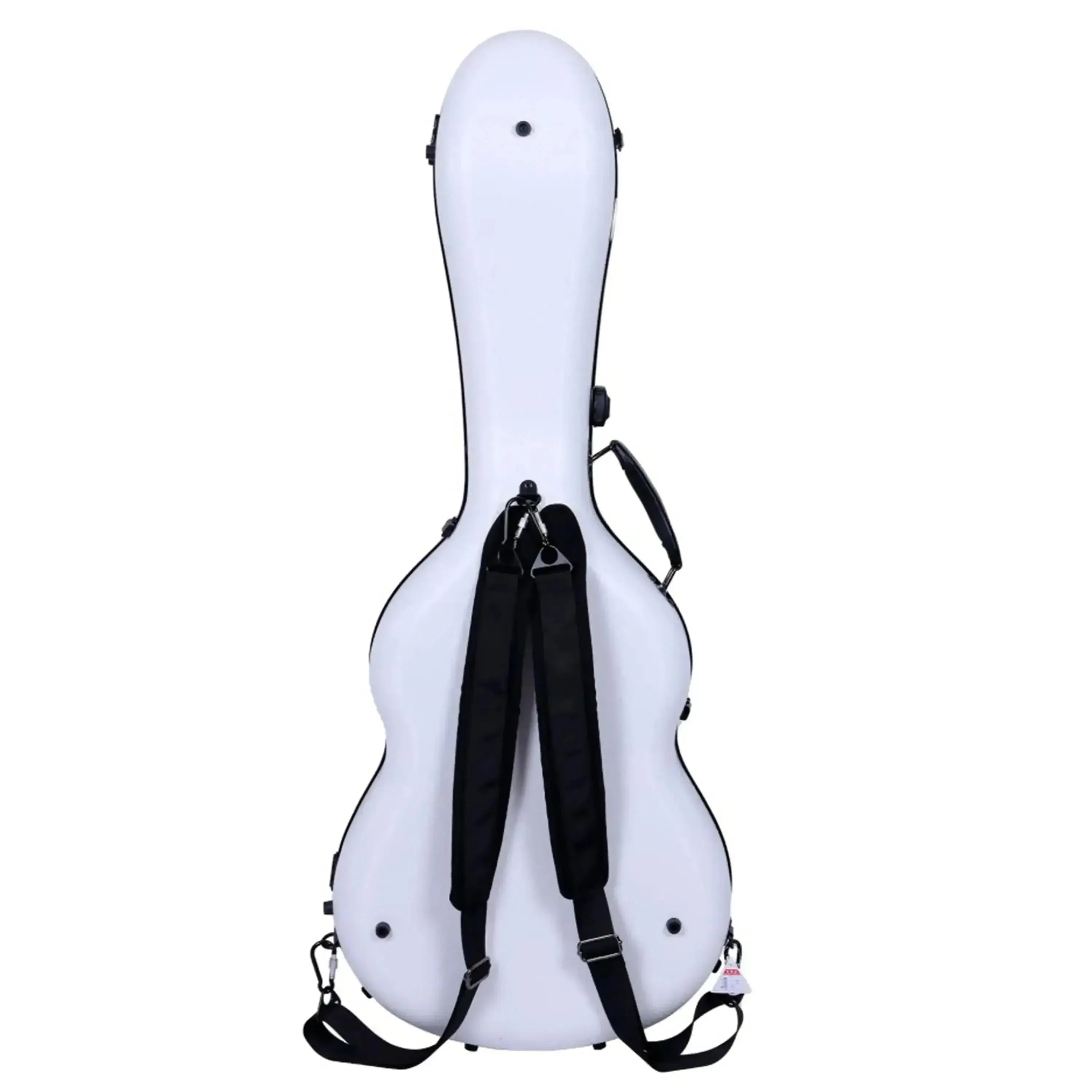 Crossrock white poly carbonate 4/4 classical guitar case with black backpack straps.