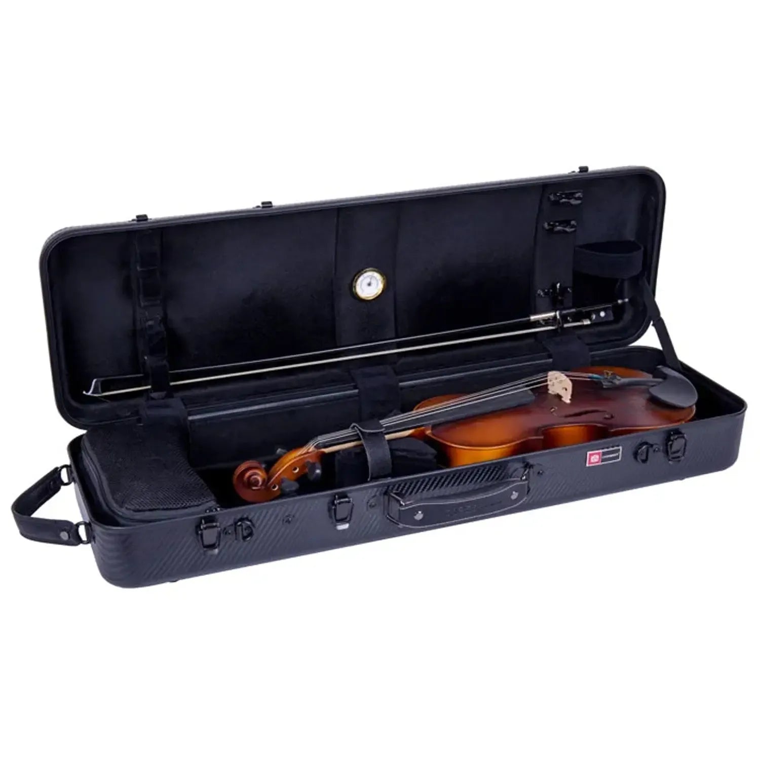Crossrock CRF4020OV black polycarbonate oblong violin flight case with a violin and bow inside.