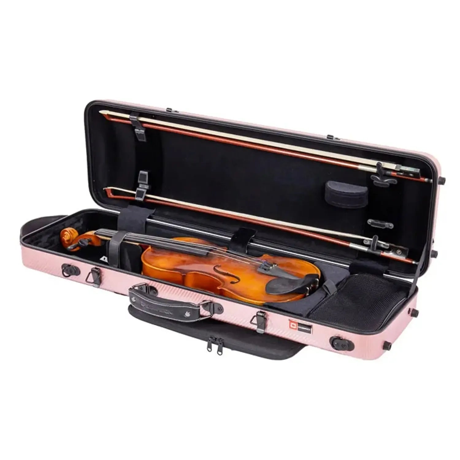 Crossrock CRF4020OV 4/4 violin case in rose-gold, open with a violin and bows inside.