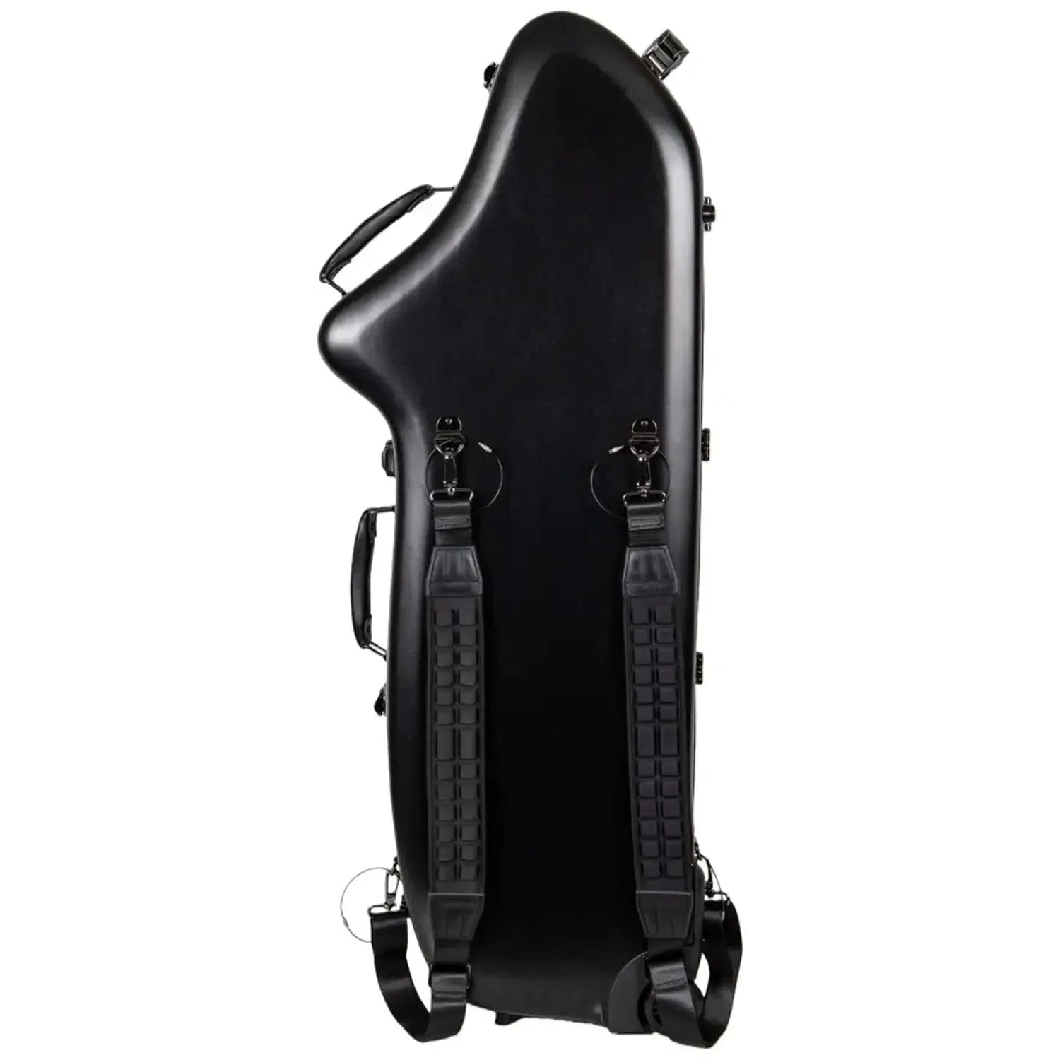 Crossrock CRF4050BS black polycarbonate baritone saxophone case with backpack straps and handles.