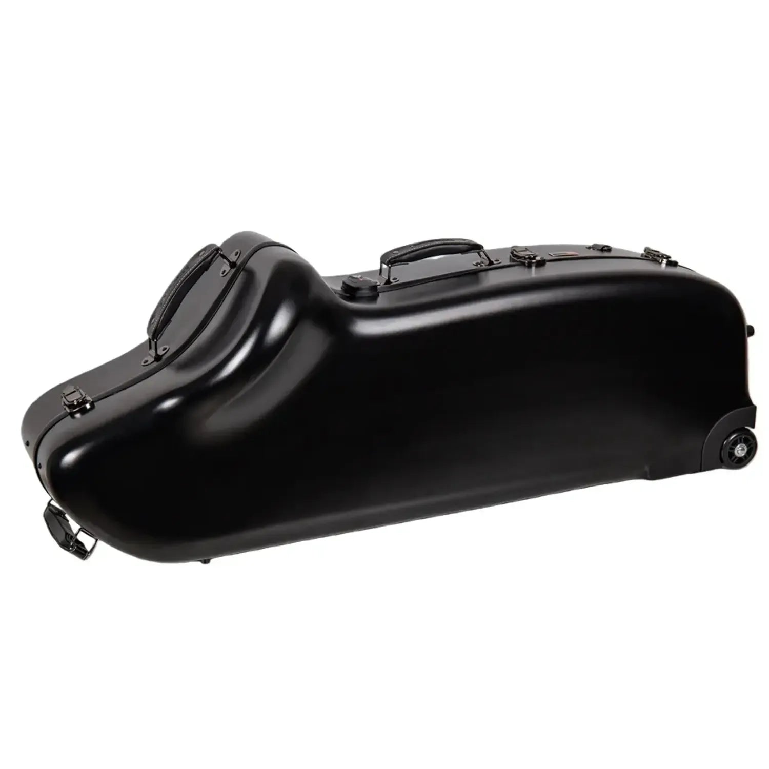 Crossrock CRF4050BS black polycarbonate baritone saxophone case with wheels and handles.