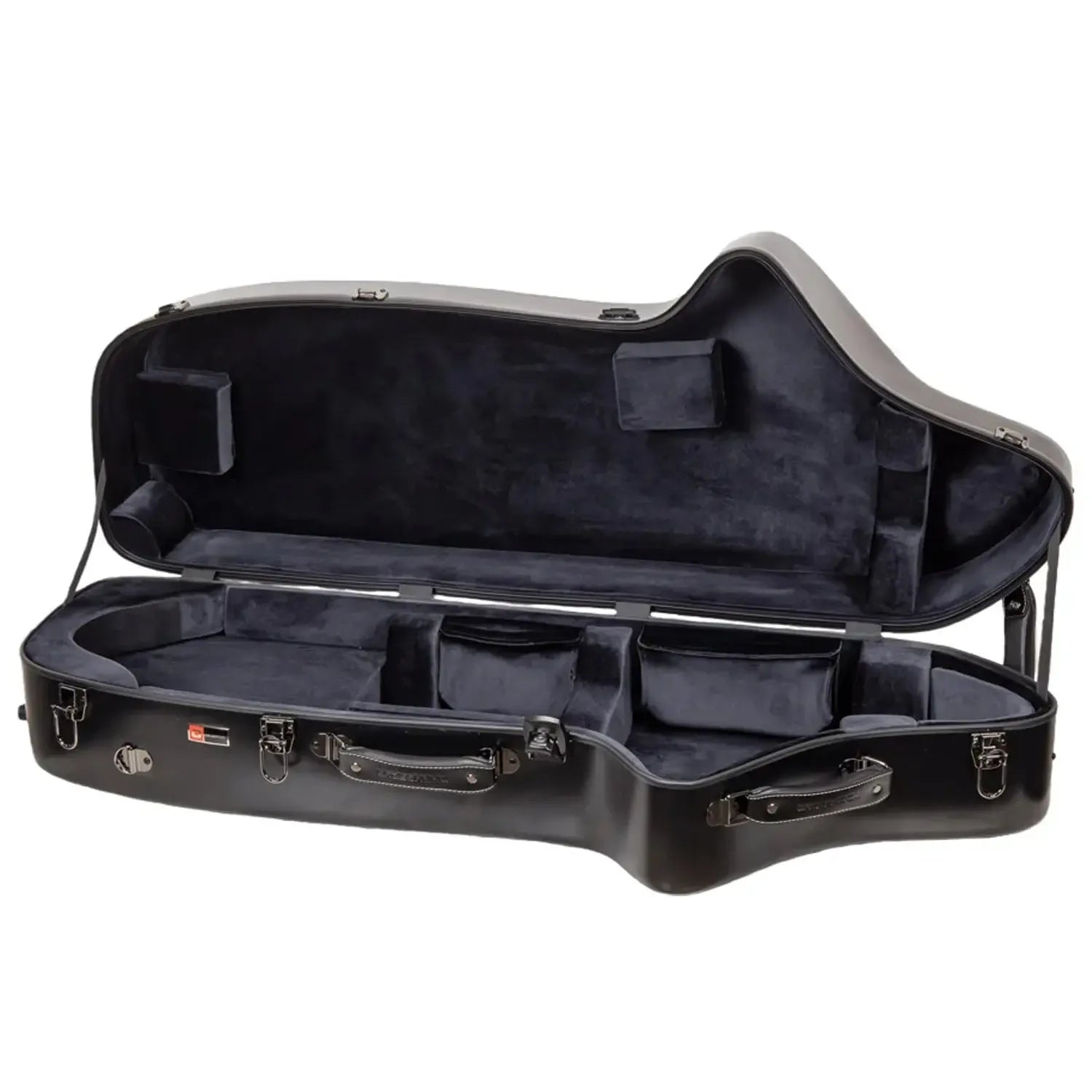 Crossrock CRF4050BS black polycarbonate baritone saxophone case, open with plush gray interior.