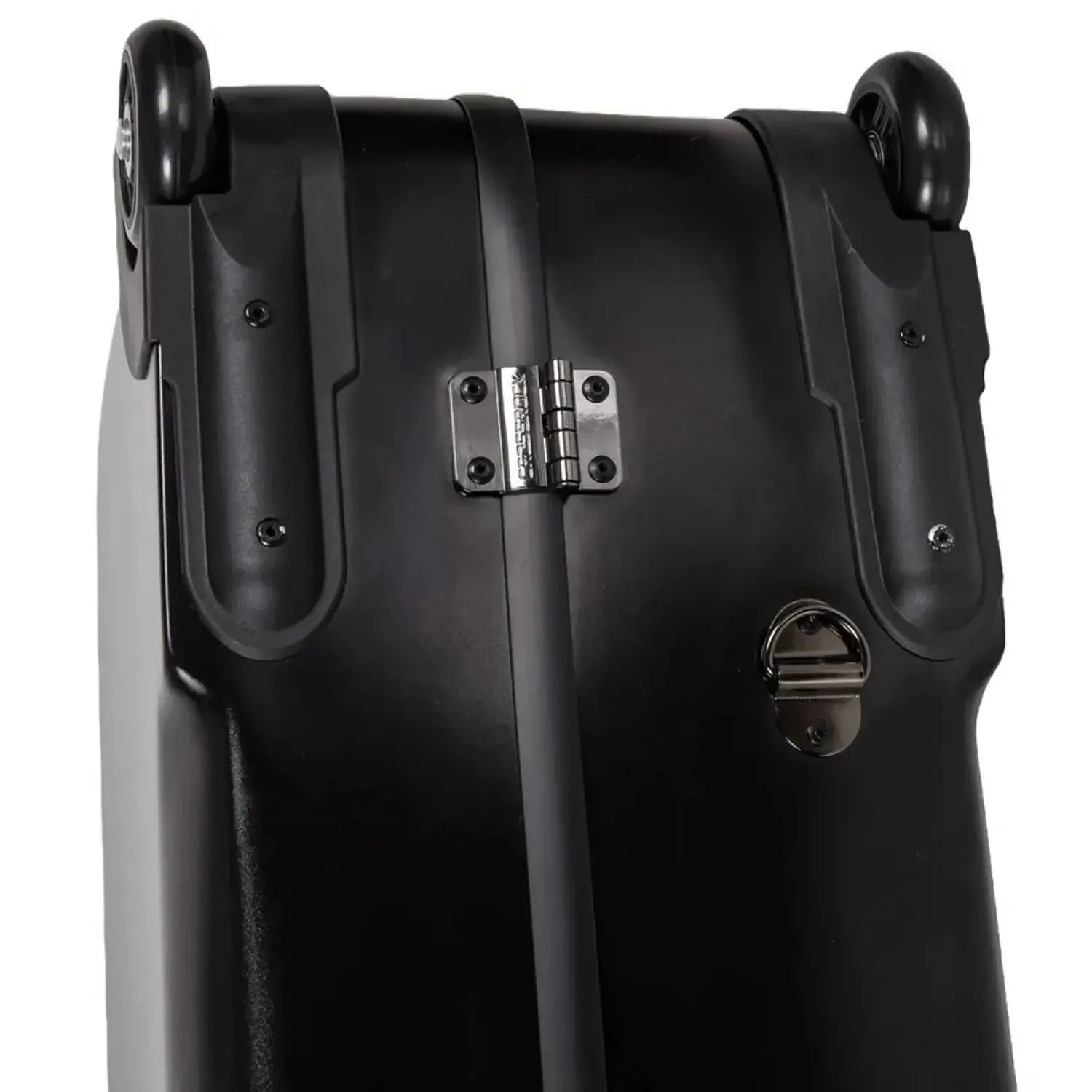 Crossrock CRF4050BS black polycarbonate baritone saxophone case with wheels and metal hardware.