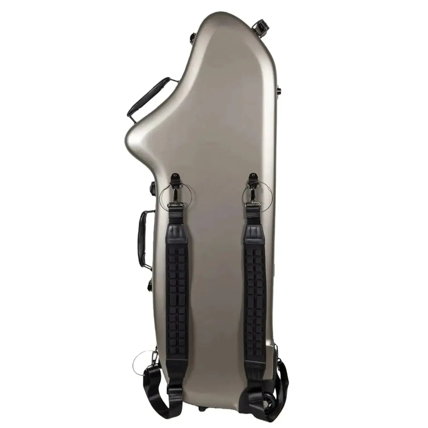 Crossrock CRF4050BS polycarbonate baritone saxophone case in champagne with backpack straps and handles.