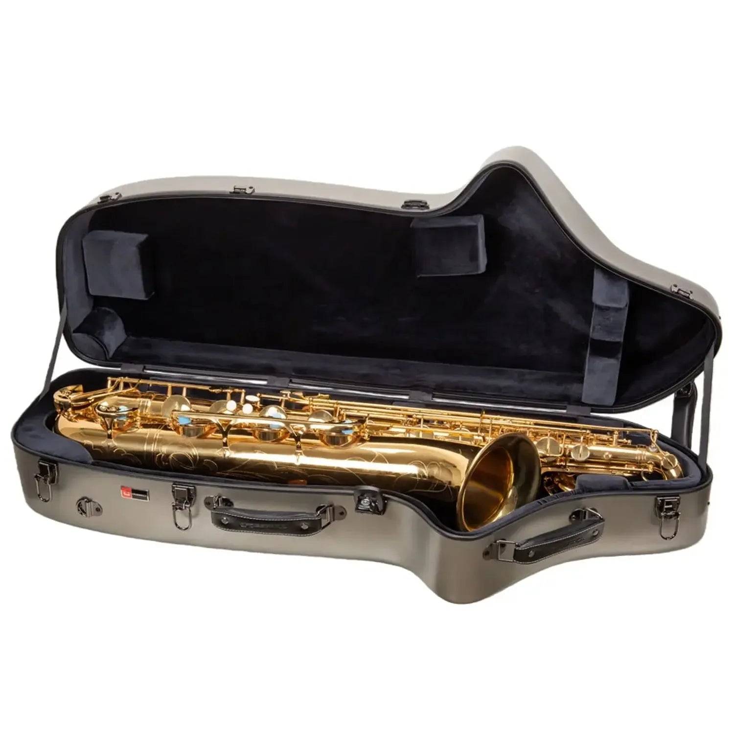 Crossrock CRF4050BS champagne polycarbonate baritone saxophone case with a gold saxophone inside.