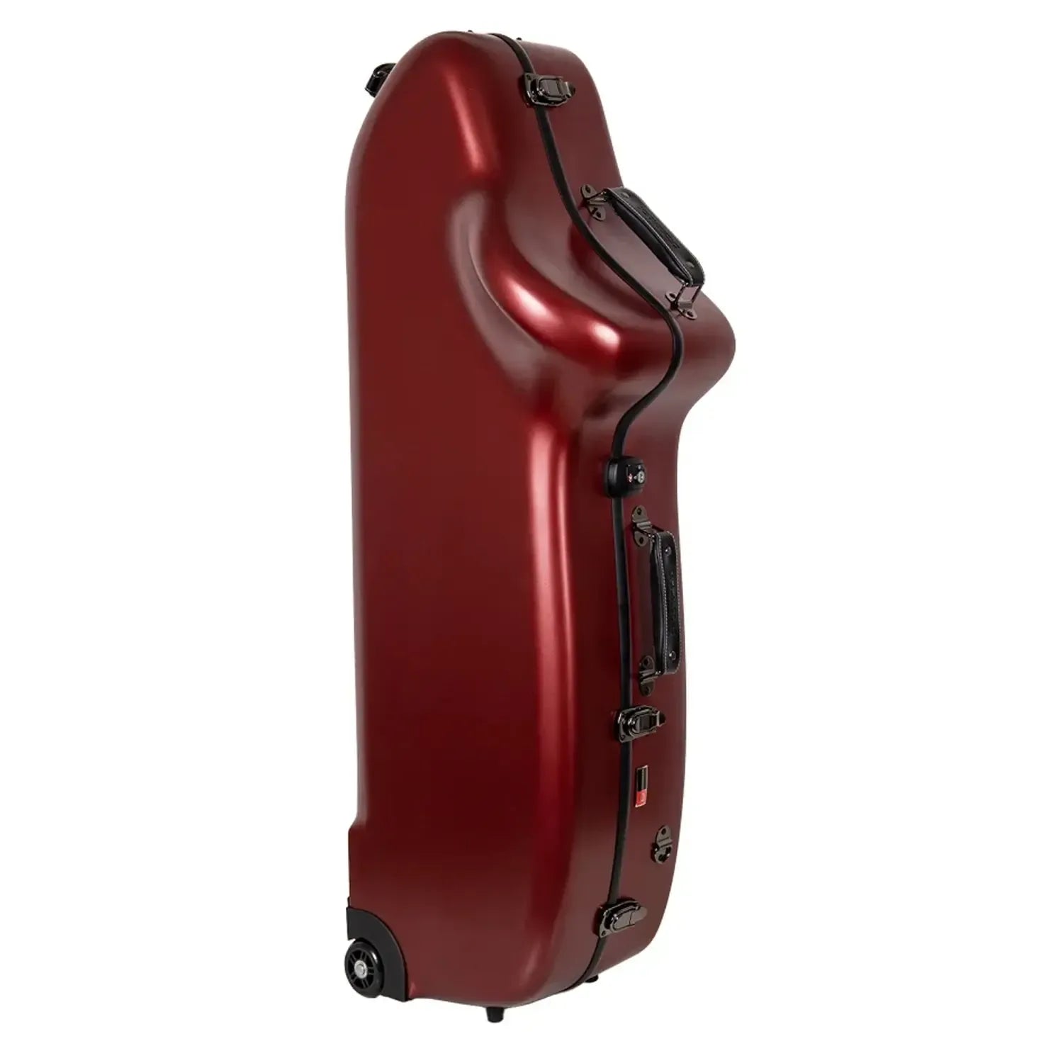 Crossrock CRF4050BS red polycarbonate baritone saxophone case with wheels and handles.