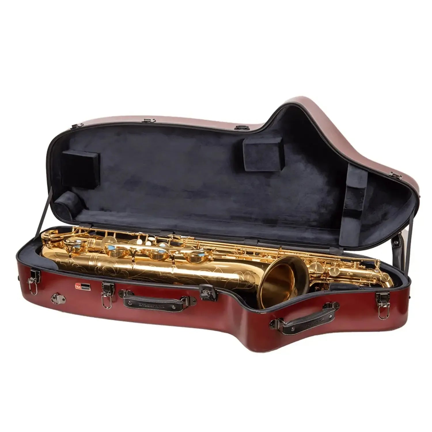 Crossrock CRF4050BS red polycarbonate baritone saxophone case with a gold saxophone inside.