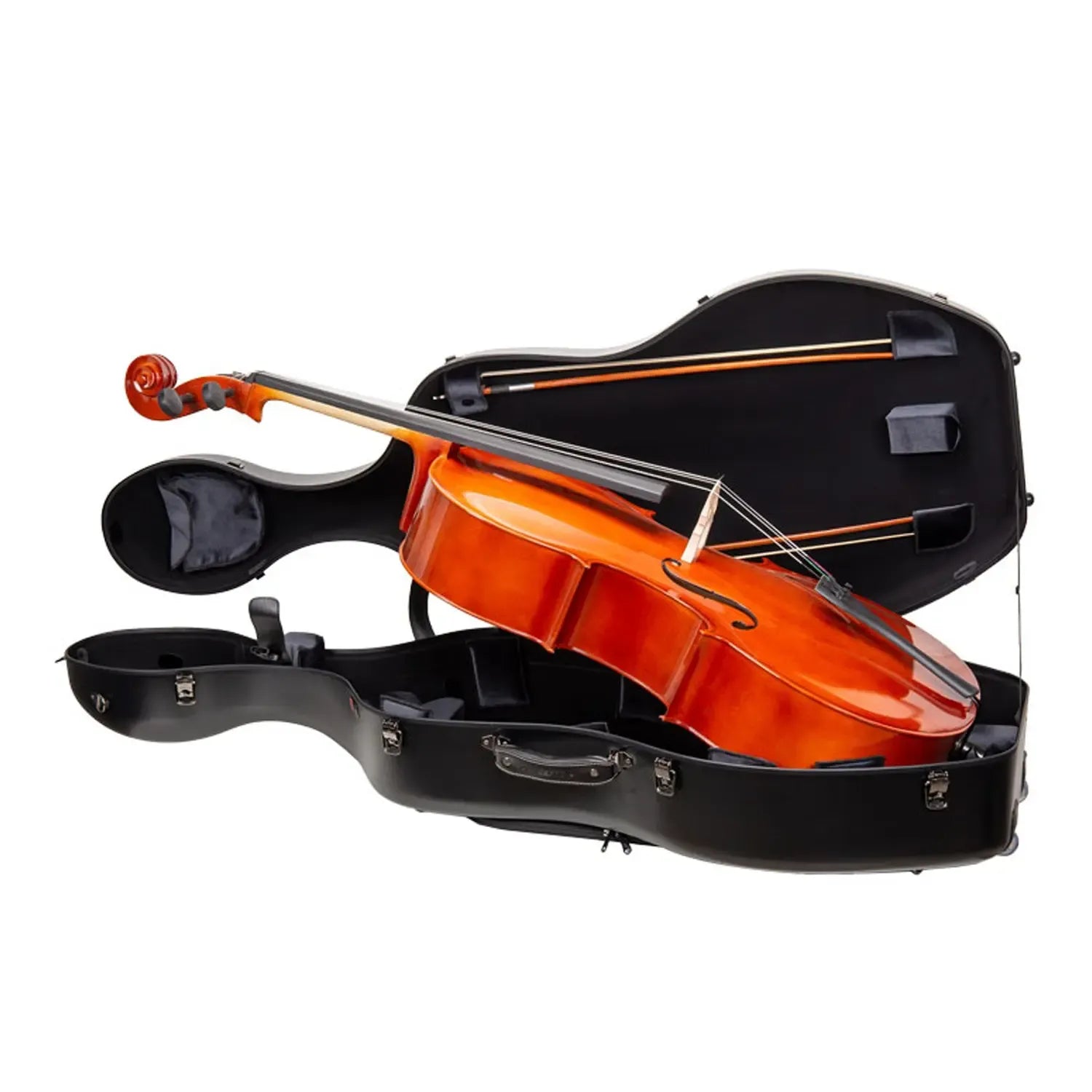 Black Crossrock CRF4050CEF polycarbonate 4/4 cello case with a cello and bow inside.
