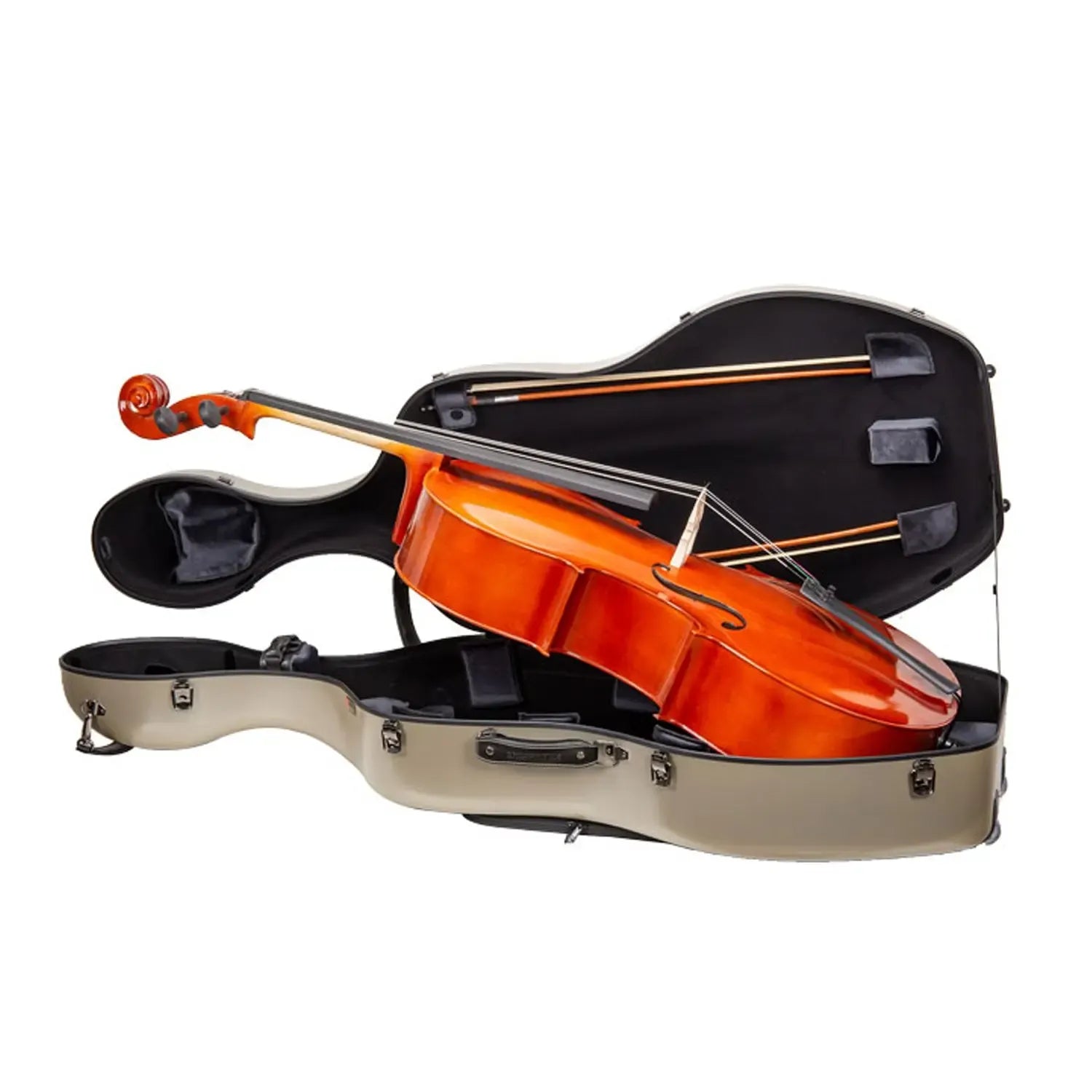 Crossrock CRF4050CEF 4/4 cello case in champagne with a cello and bows inside.