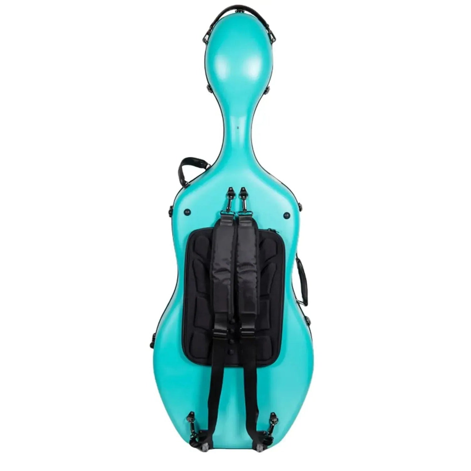 Crossrock CRF4050CEF 4/4 cello case in mint-blue polycarbonate with black backpack straps.