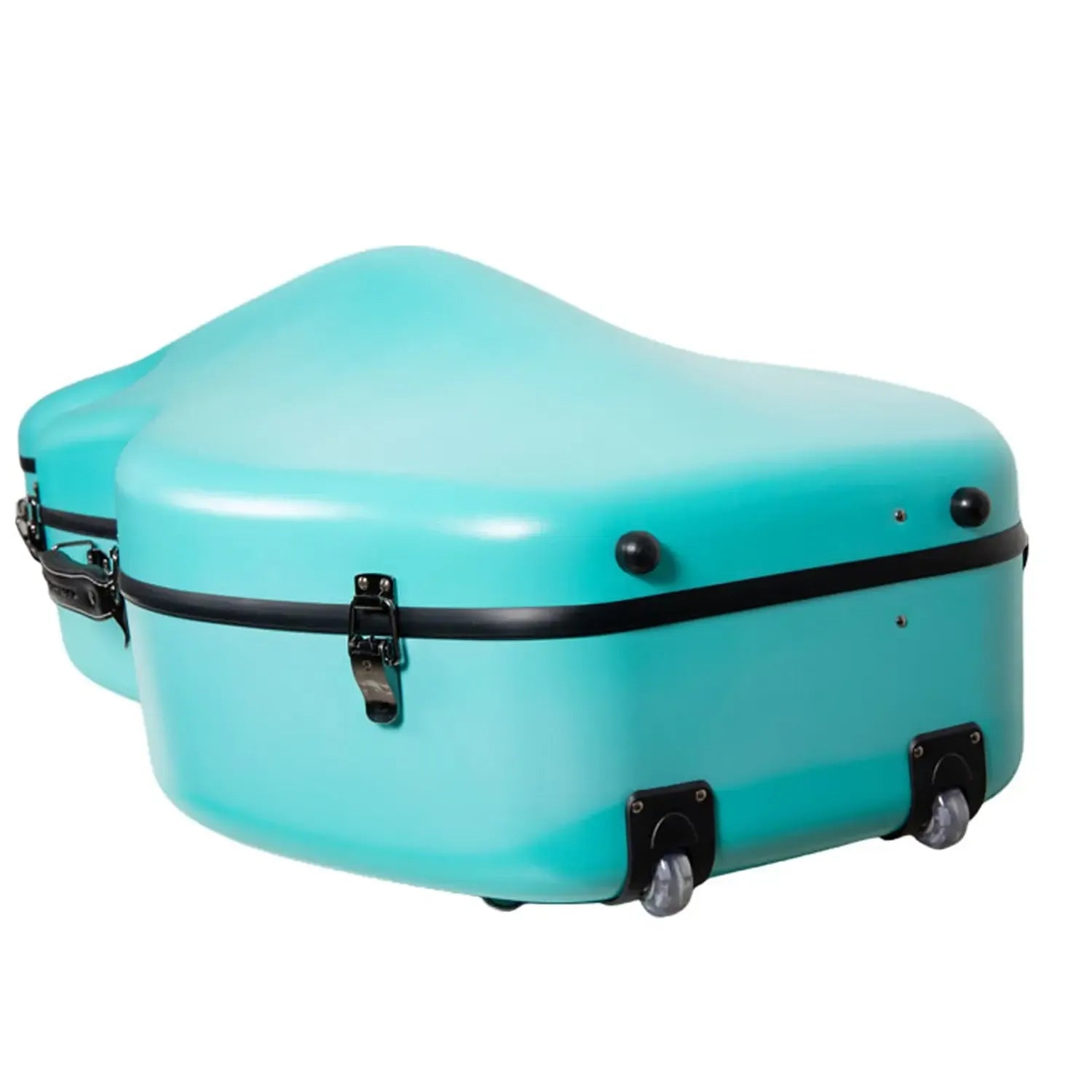 Crossrock CRF4050CEF 4/4 cello case in mint-blue polycarbonate with wheels and latches.