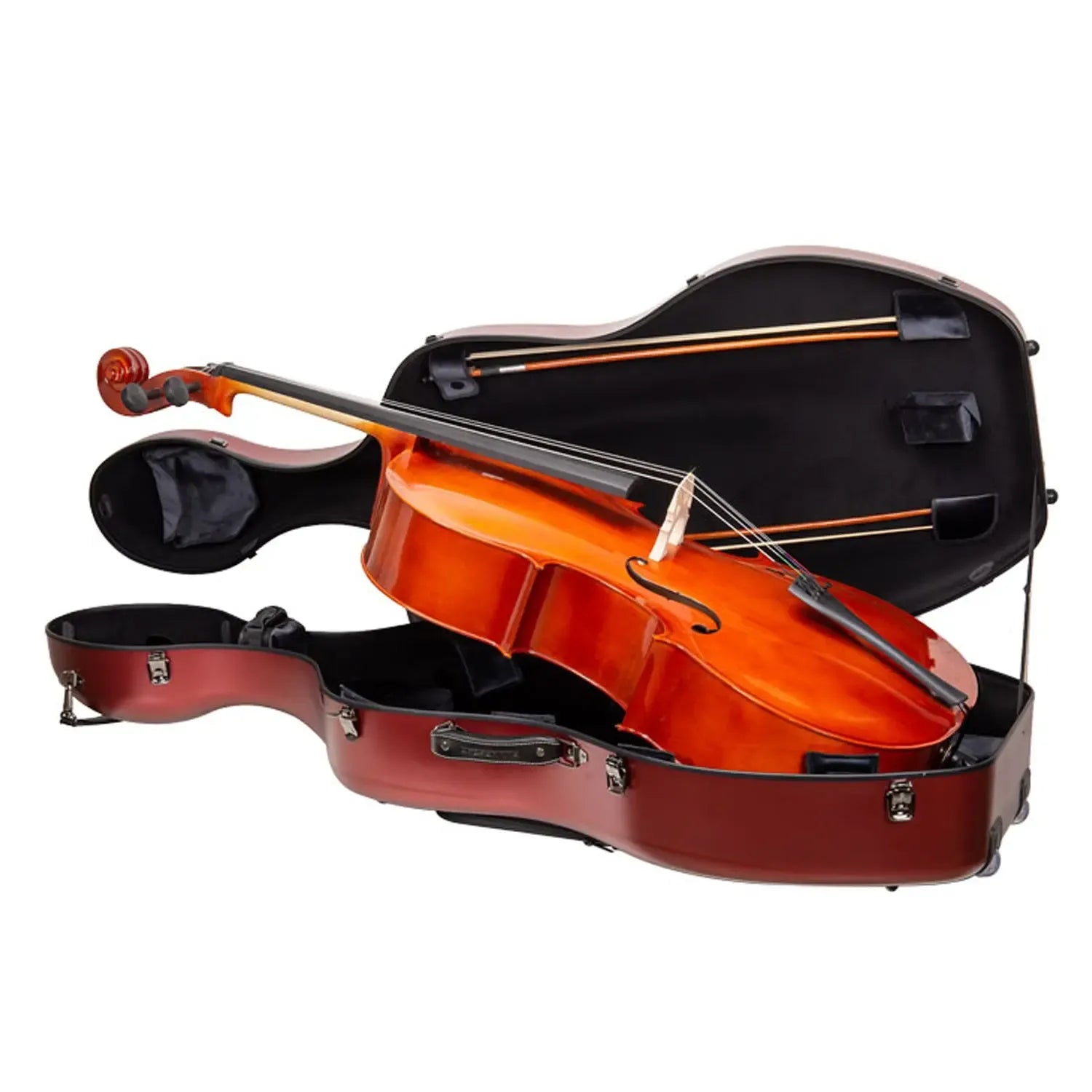Red Crossrock CRF4050CEF polycarbonate 4/4 cello case with a cello inside.