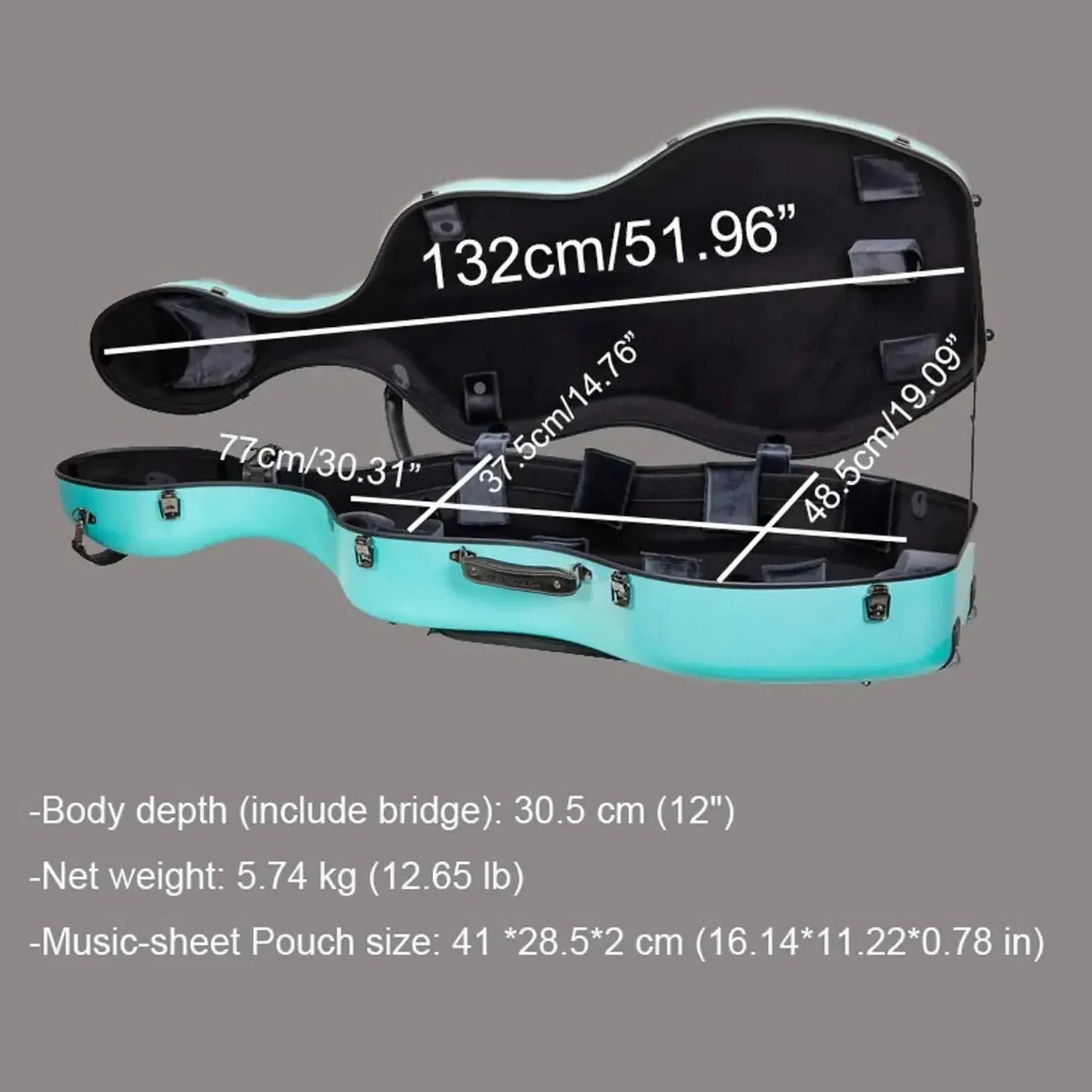 Open Crossrock CRF4050CEF 4/4 cello case in turquoise, showing black interior and dimensions.