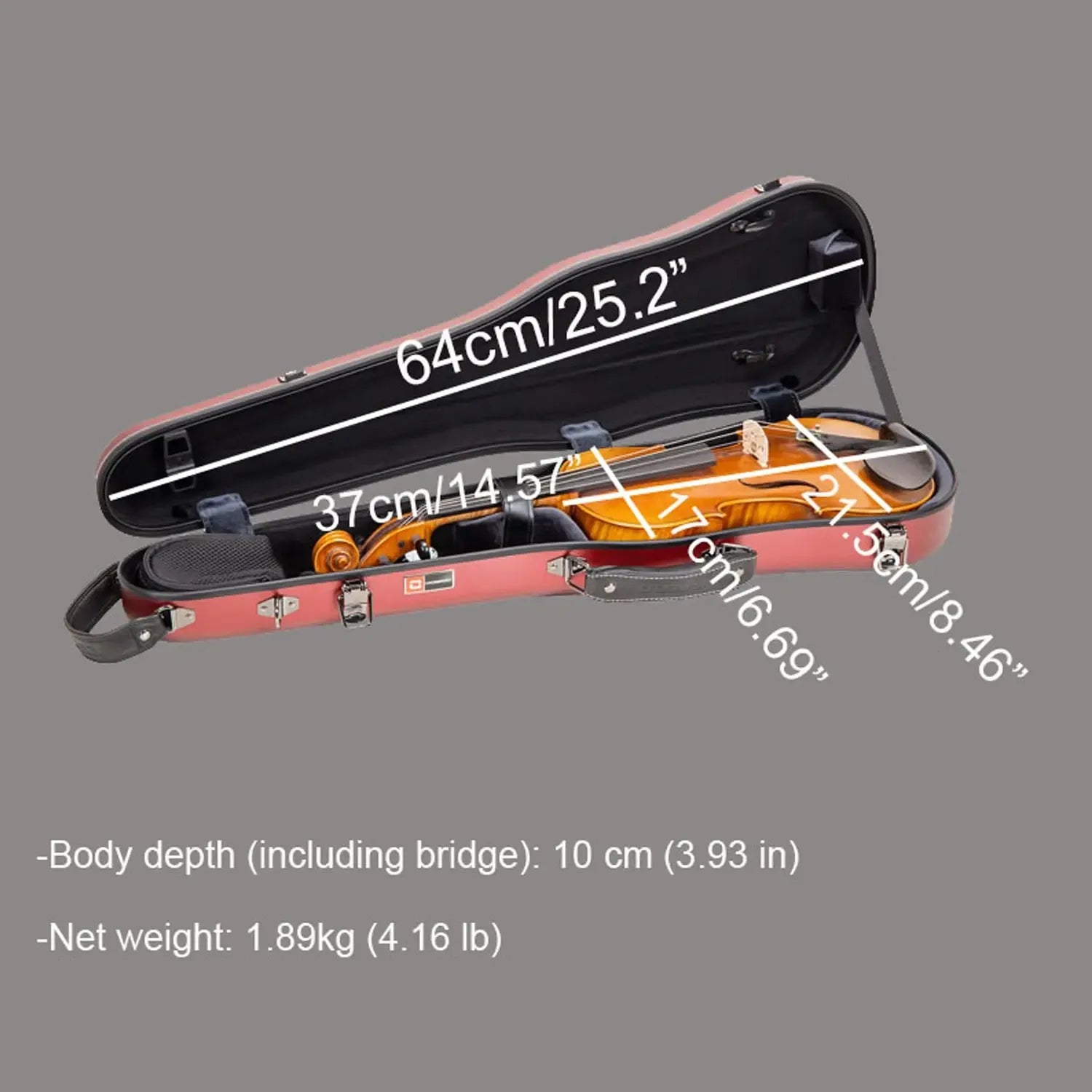 Open Crossrock CRF4050VF 4/4 violin case in black with a violin inside, showing dimensions.