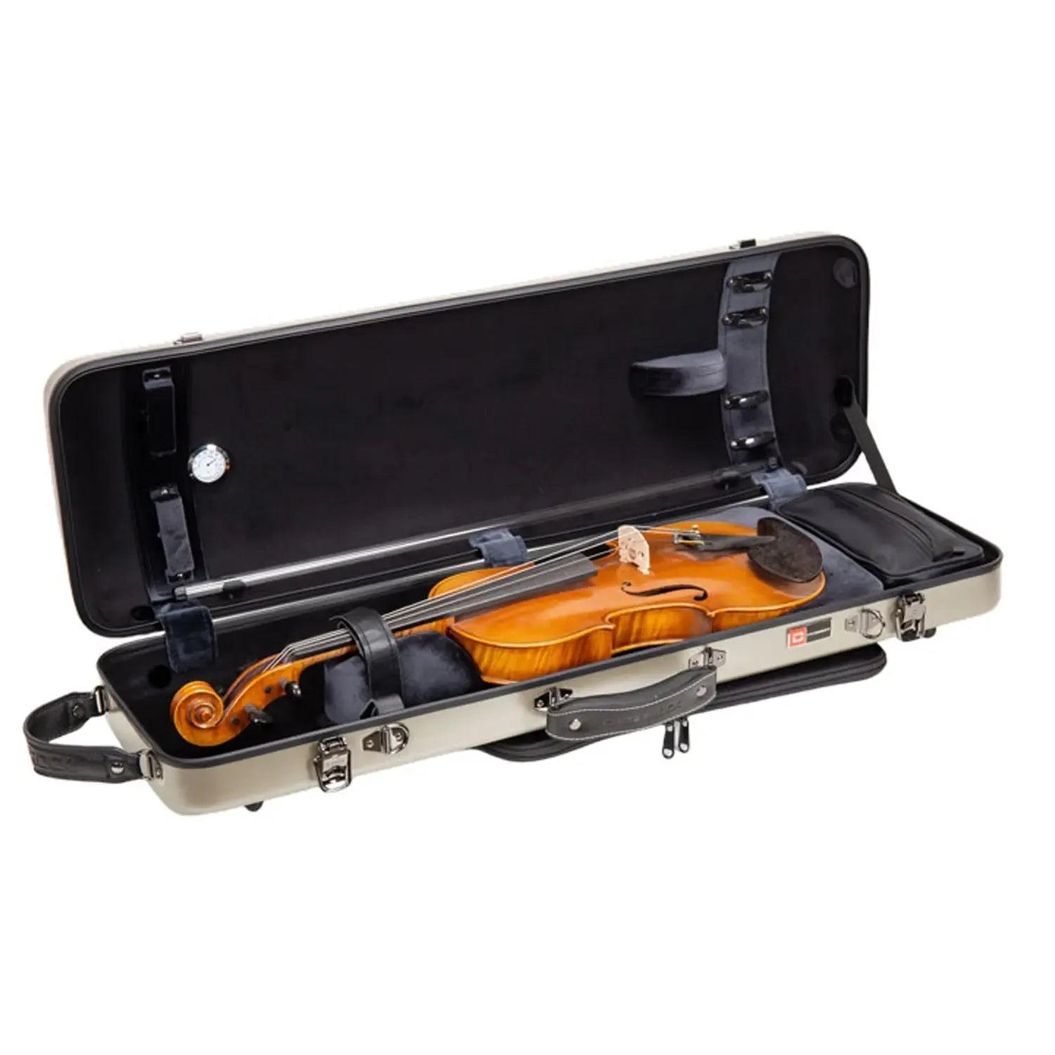 Crossrock CRF4050VF-R Polycarbonate Oblong Flight 4/4 Violin Case in Champagne with violin inside.